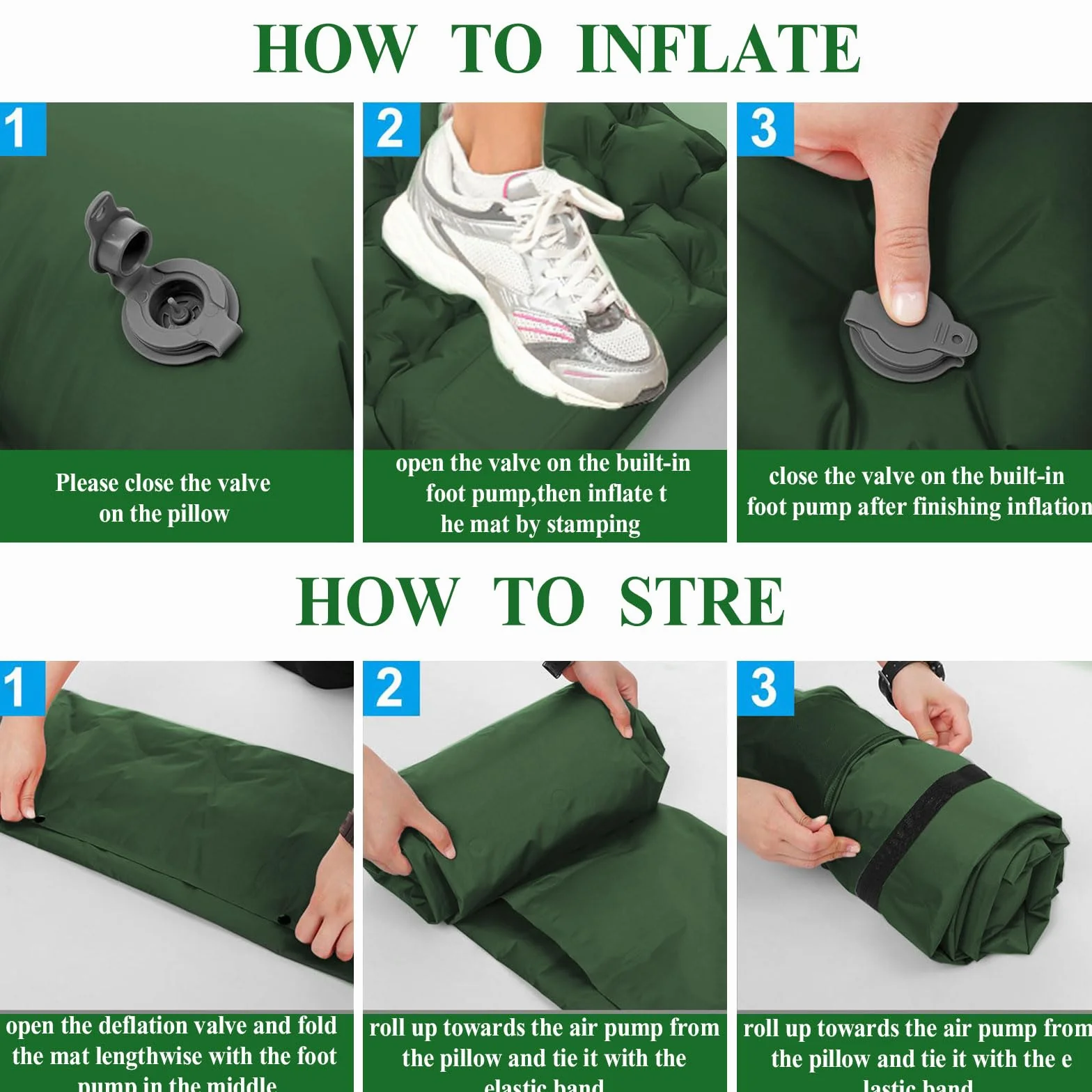 Colchón Hinchable Camping 10 cm Espesor con Almohada y Bomba de Pie, Esterilla Inflable para Dormir, Verde