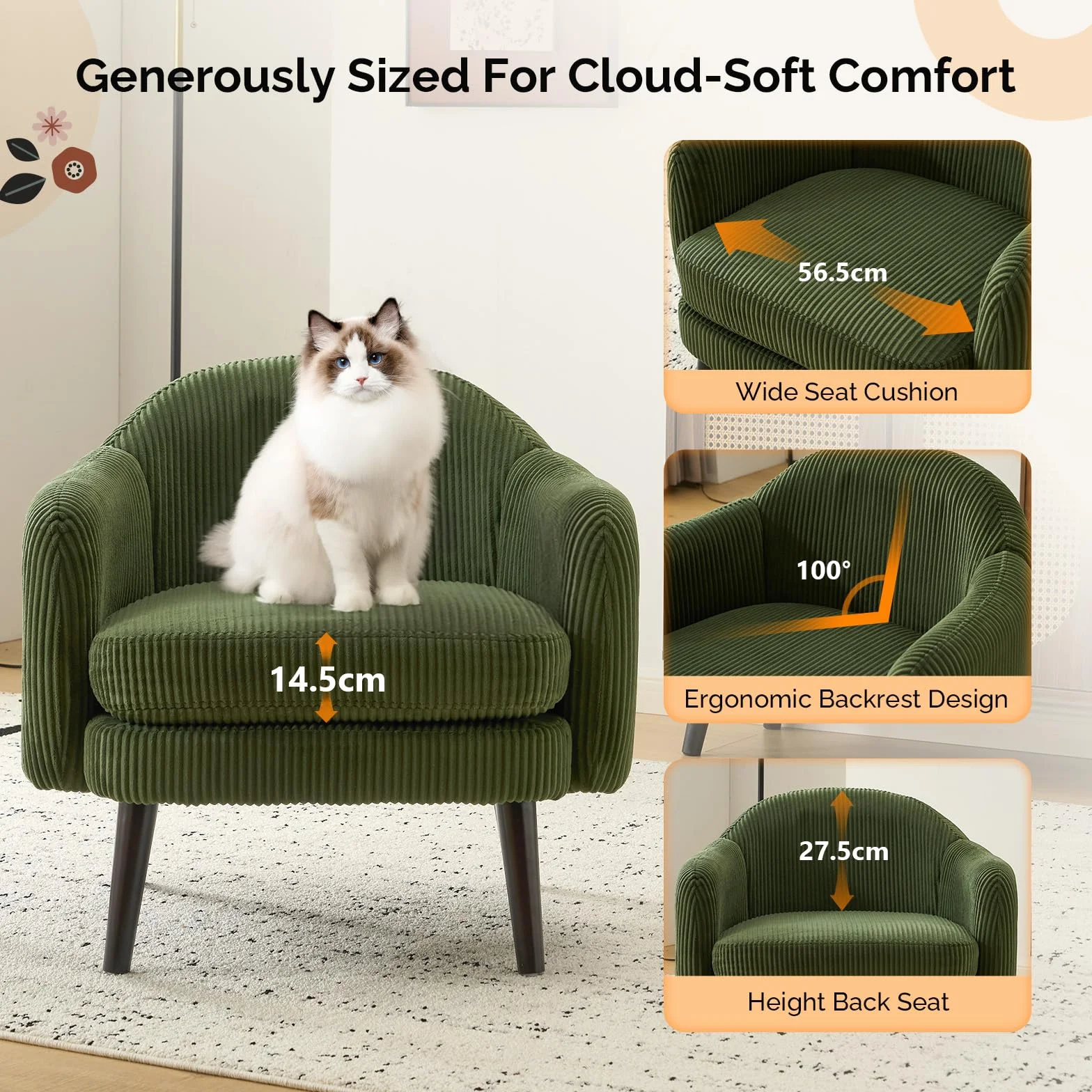 Bonnlo Butaca Tapizada de Pana Moderna, Sillón Individual de Lectura con Reposabrazos, Patas de Madera, Sillón Auxiliar para Salón y Dormitorio, Estilo Nórdico (Verde Oscuro)