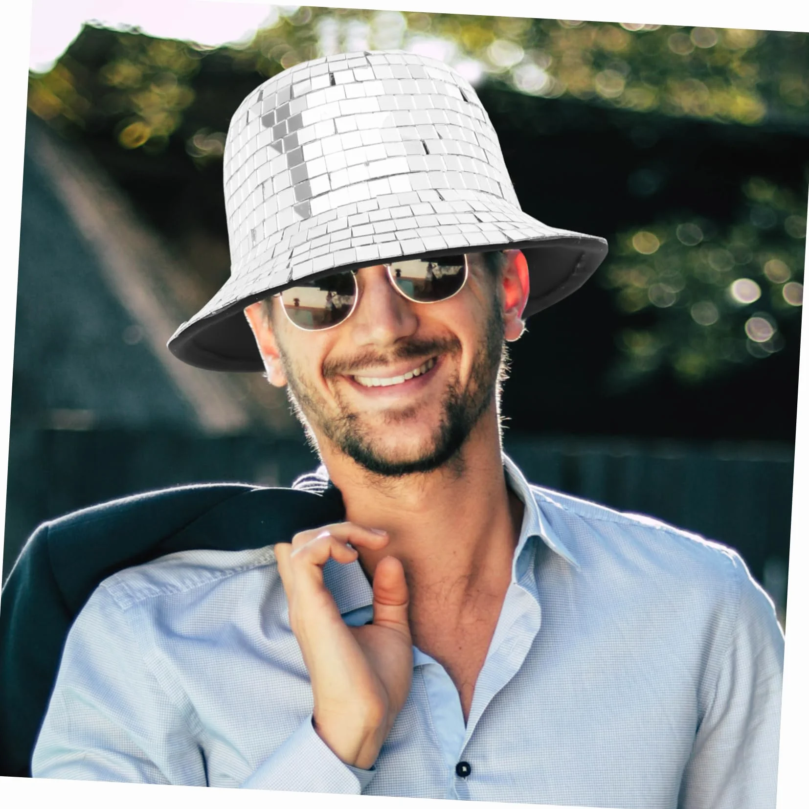 LABRIMP Sombrero de Espejo Disco para Mujer y Hombre Estilo Pescador Lentejuelas Plata, Cómodo y Chic para Decoración Verano en Fiestas y Eventos