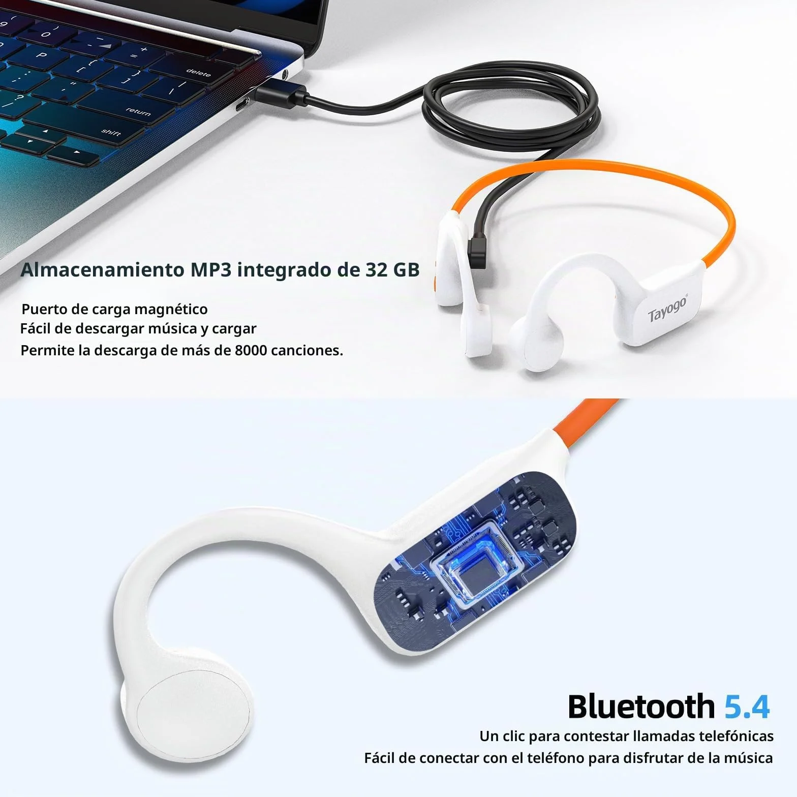 Tayogo Auriculares Natacion Bluetooth 5.4 Conduccion Osea IPX8 32 GB MP3 Blanco