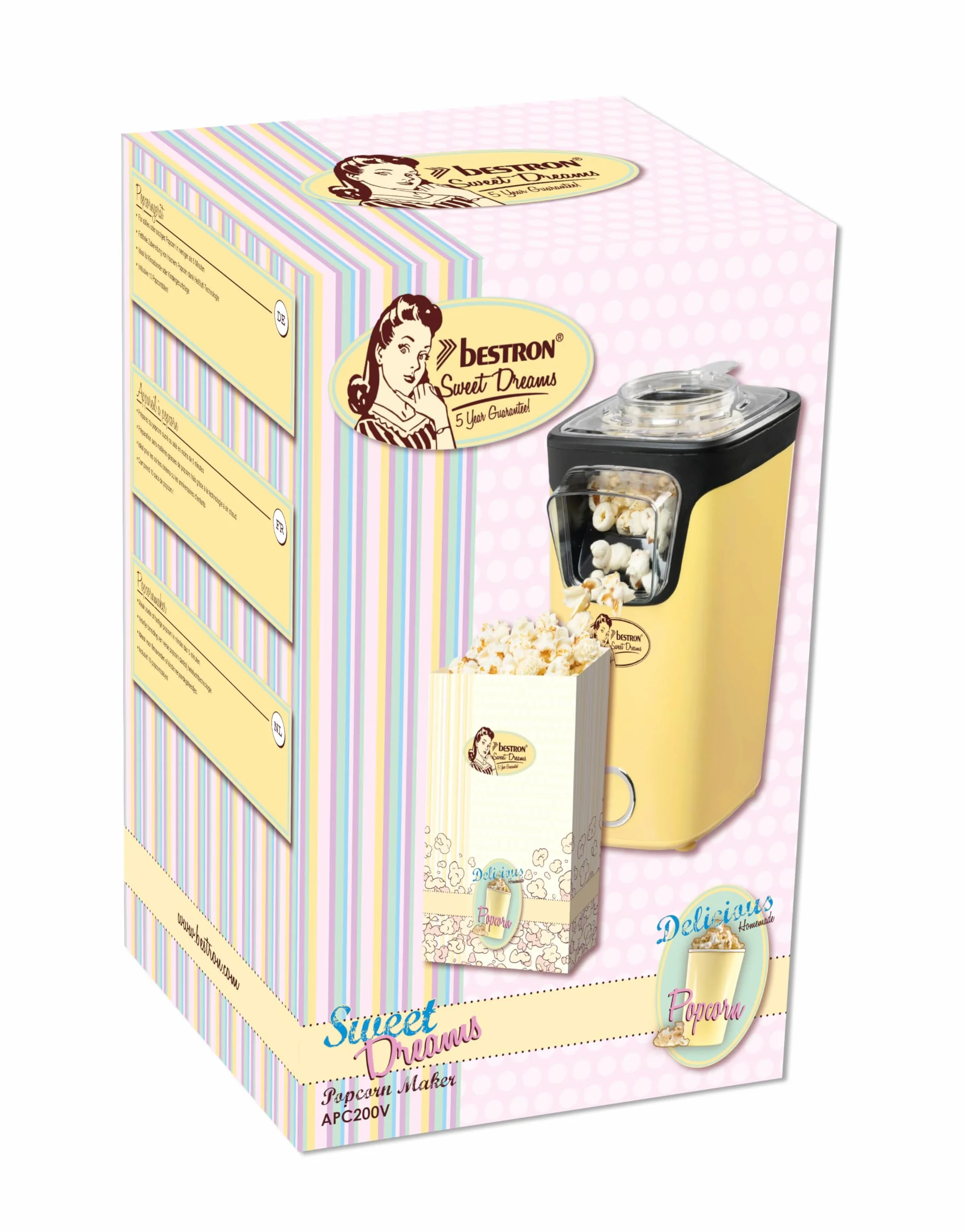 Bestron Palomitero, Turbo-Palomitas en menos de 2 minutos, con tecnología de aire caliente, incluye 10 bolsas de palomitas y taza medidora integrada, colección Sweet Dreams, Color: Amarillo