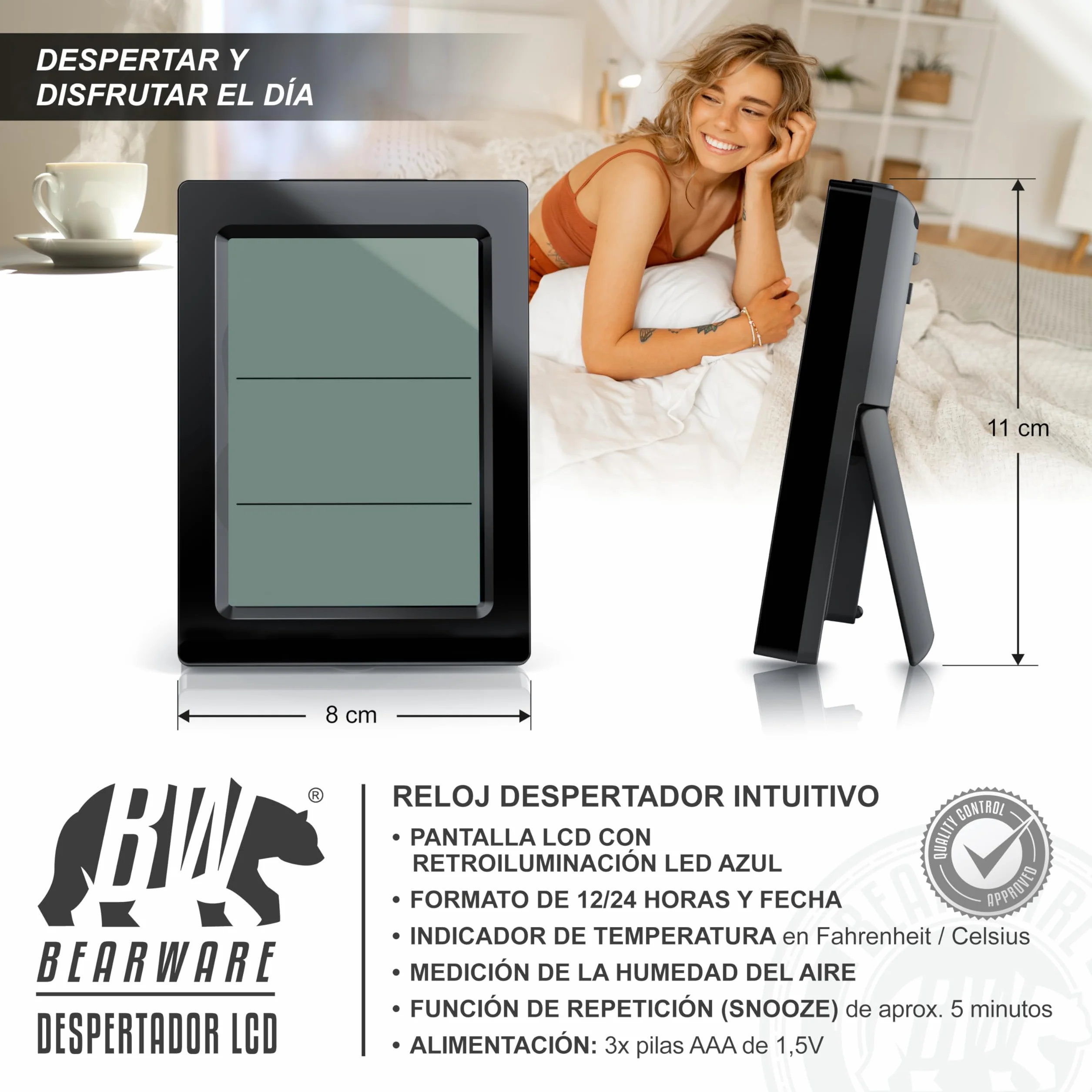 Reloj Despertador Digital con 9 cm Pantalla LED de Temperatura Humedad Fecha y día, Alarm Cloc Snooze Termómetro Formato 12/24 horas, Reloj digital de Mesa de Viaje para Sala de Oficinas Familiares