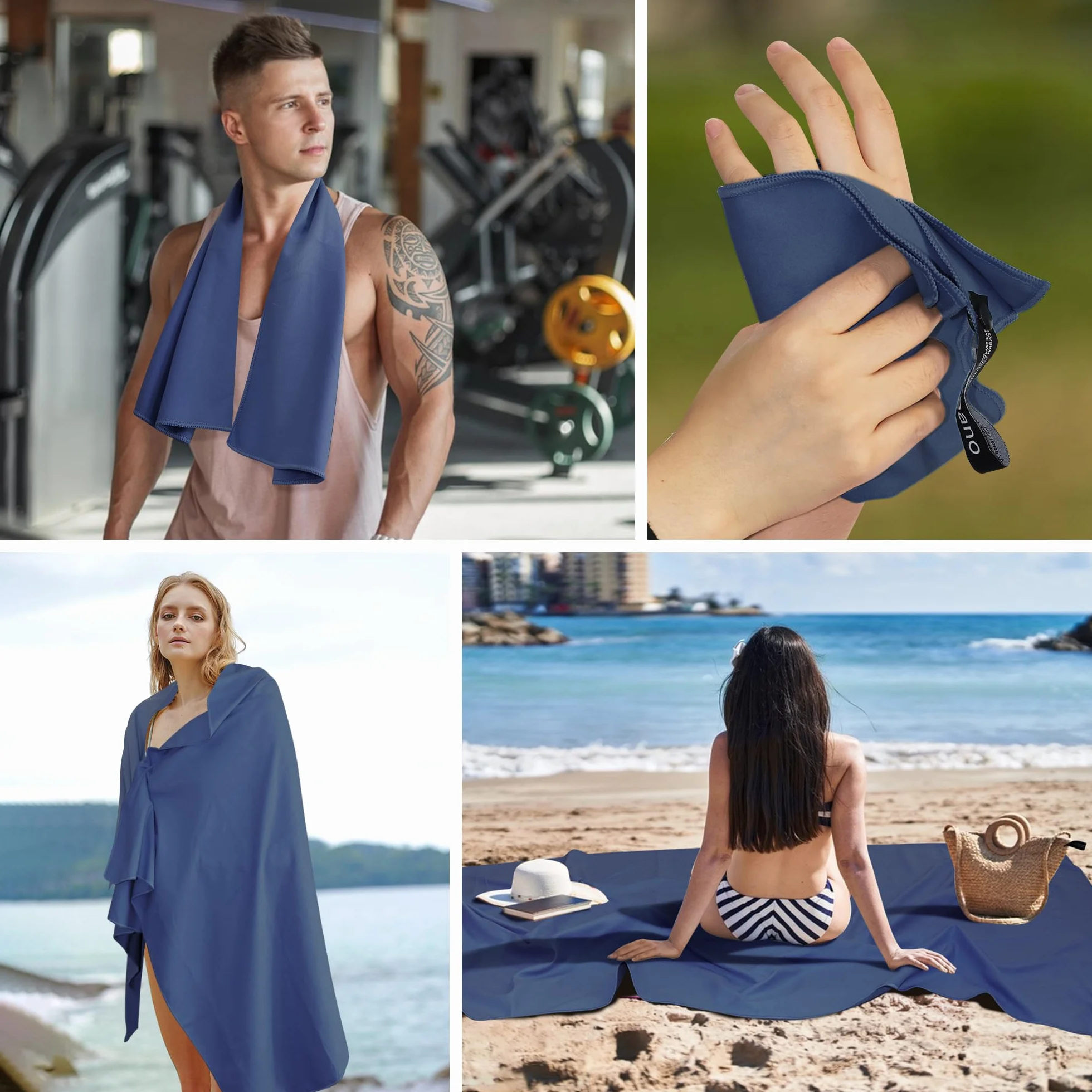Toalla Microfibra Juego de 3 180x90cm Secado Rápido Viajes Camping Piscina Playa Deportes Azul Marino