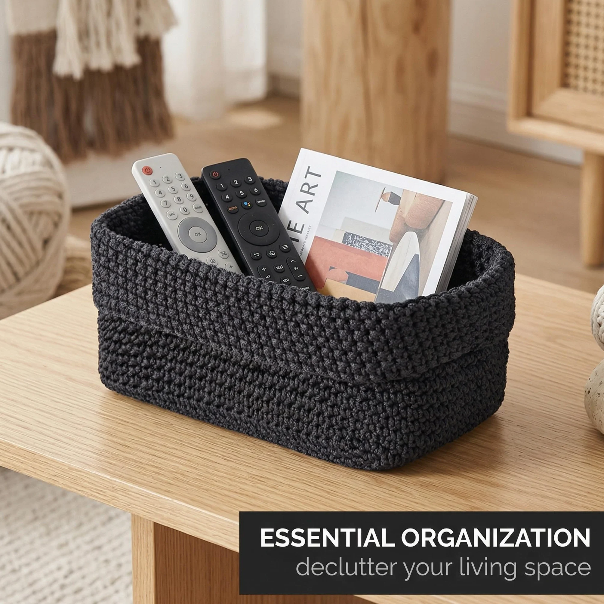 Cesta de Almacenamiento Negra Tejida a Mano en Cuerda de Algodón 21×13×15,5 cm Organizadora para Cocina Baño