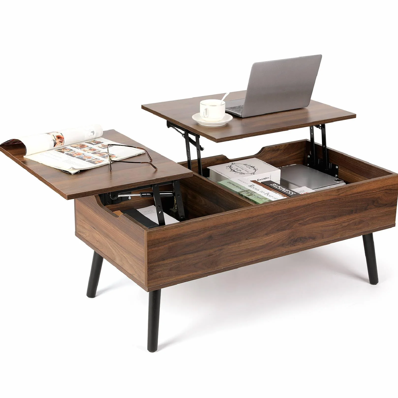 VOWNER Mesa de Centro, Mesa de Centro Regulable en Altura, Extraíble, Extensible, Compartimento de Almacenaje Oculto Independiente, Tablero Elevable Doble, Mesa de Sofá de Salón, Nogal Color