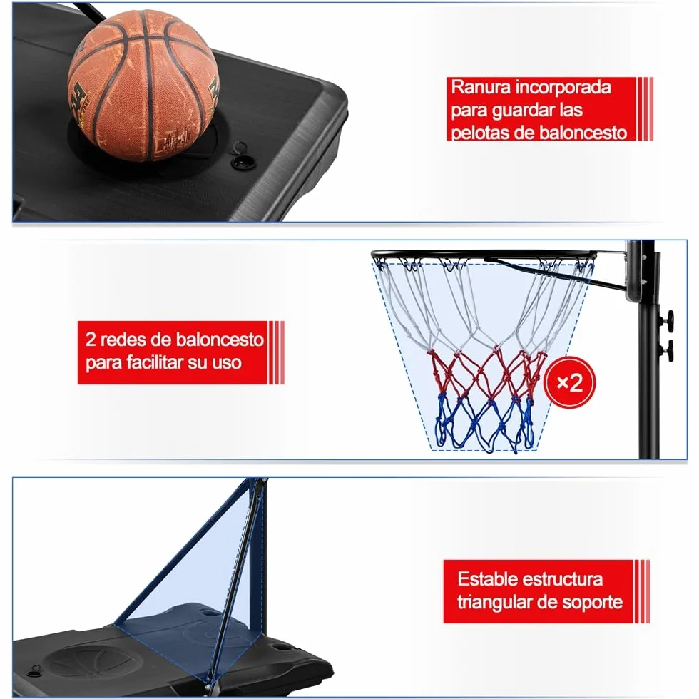 Yaheetech Cesta de Baloncesto Exteriores Portátil Ajustable Altura 219-249/234-264 cm con Pie Ruedas Base Lastre Panel Trasero Resistente Negro
