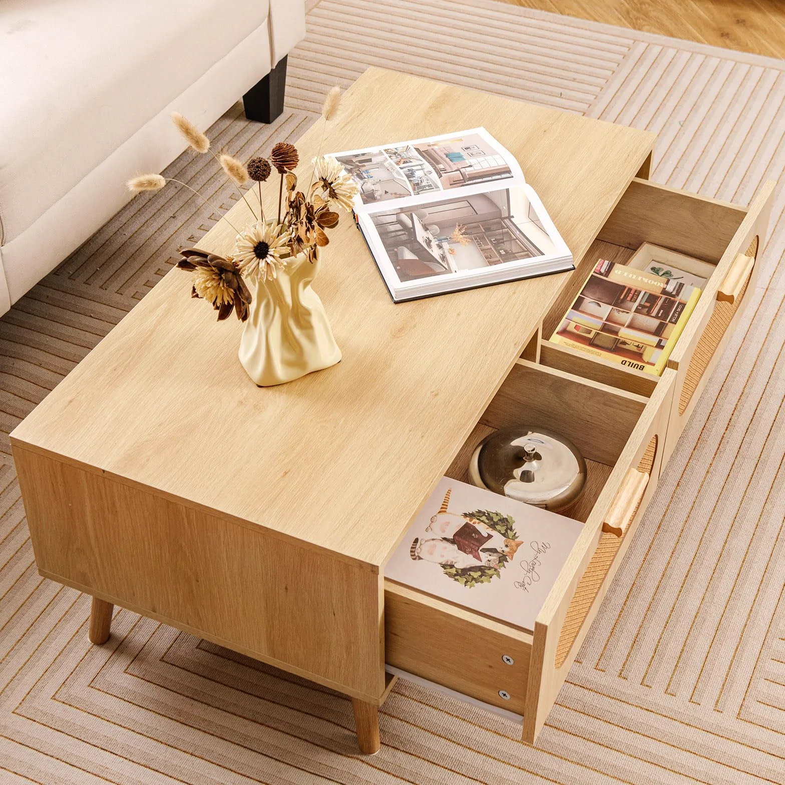 LIFEZEAL Mesa de Centro con 2 cajones y 1 Compartimento Grande, Mesa de salón con 4 Patas de Madera Maciza, Capacidad de Carga 60 KG, 100 x 50 x 41 CM, Natural, Estilo rústico