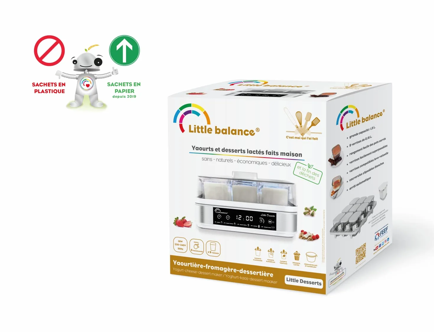 LITTLE BALANCE 8448 Yogurtera Postre, Yogures Postres Quesos blancos caseros, 5 programas automáticos, 9 tarros de cristal 145 ml, Blanco/acero inoxidable