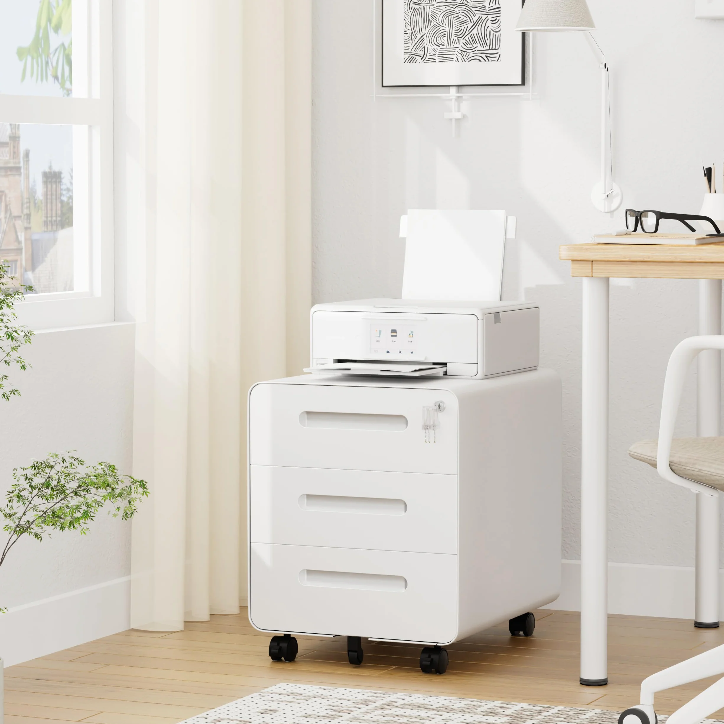 Cajonera Móvil con 3 Cajones, Archivador de Oficina con Ruedas, Diseño de Esquinas Redondeadas, Completamente Ensamblado, con Cerradura y 4 Llaves, Blanco