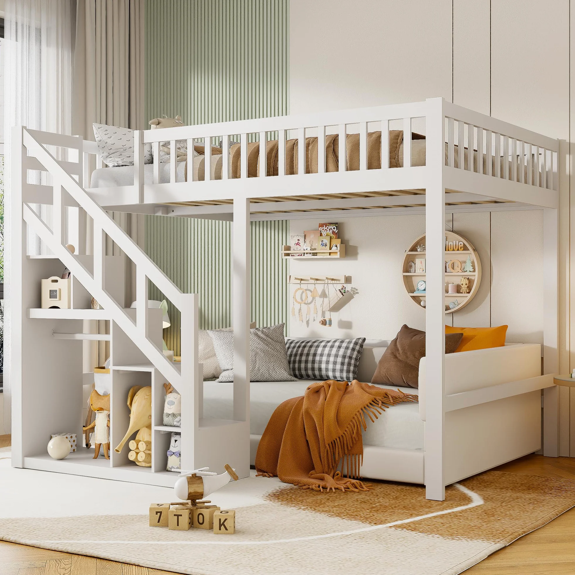 Cama Alta 140x200 cm para Niños y Adolescentes, Cama Elevada de Madera de Pino con Escalera de Almacenamiento y Barandilla de Seguridad, Estructura Juvenil Ahorro de Espacio, Blanco