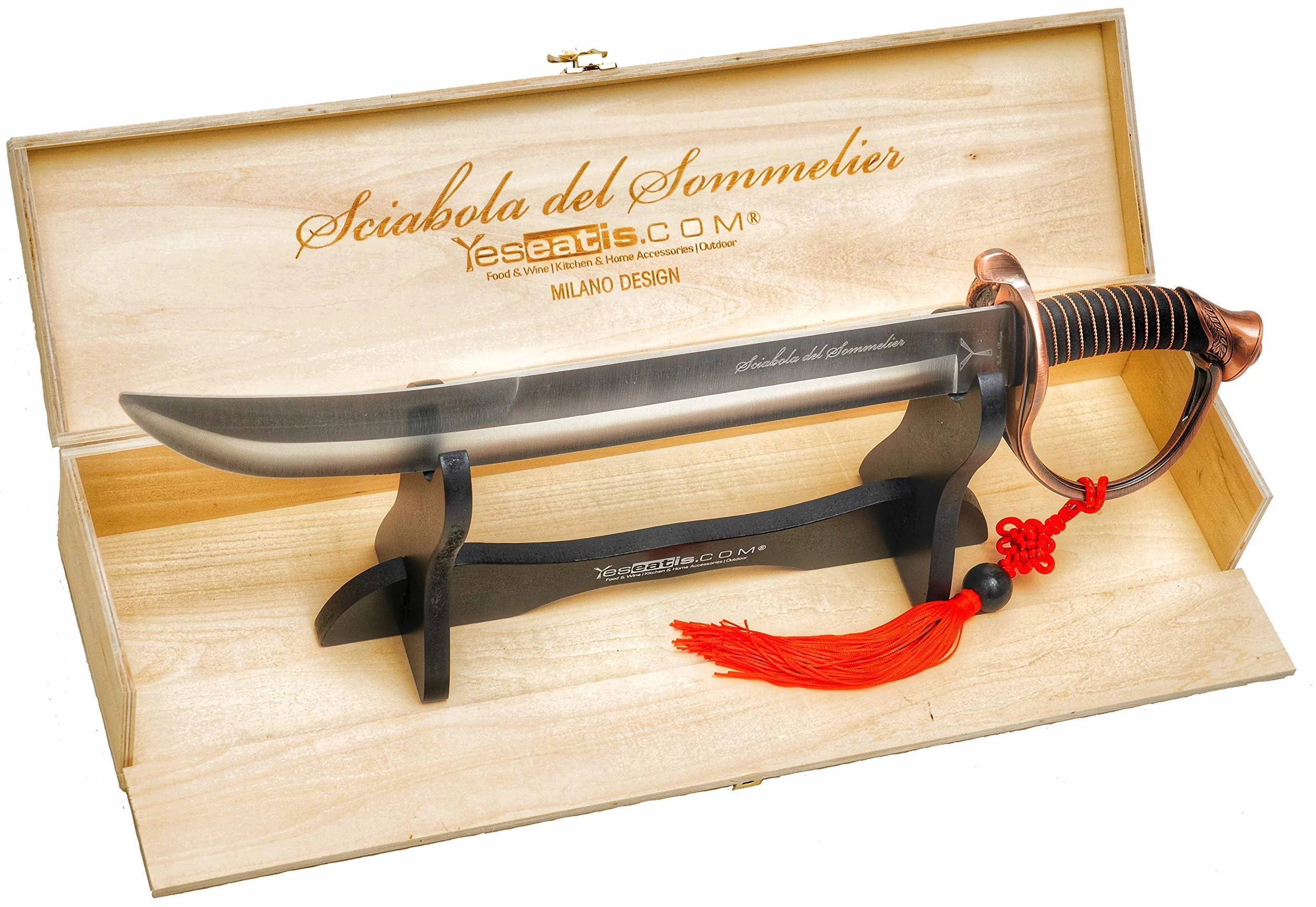 YesEatIs - Sable de Champán para Sommelier con Caja de Madera de Exposición - Mango de Color Bronce - 2 Cordones Incluidos