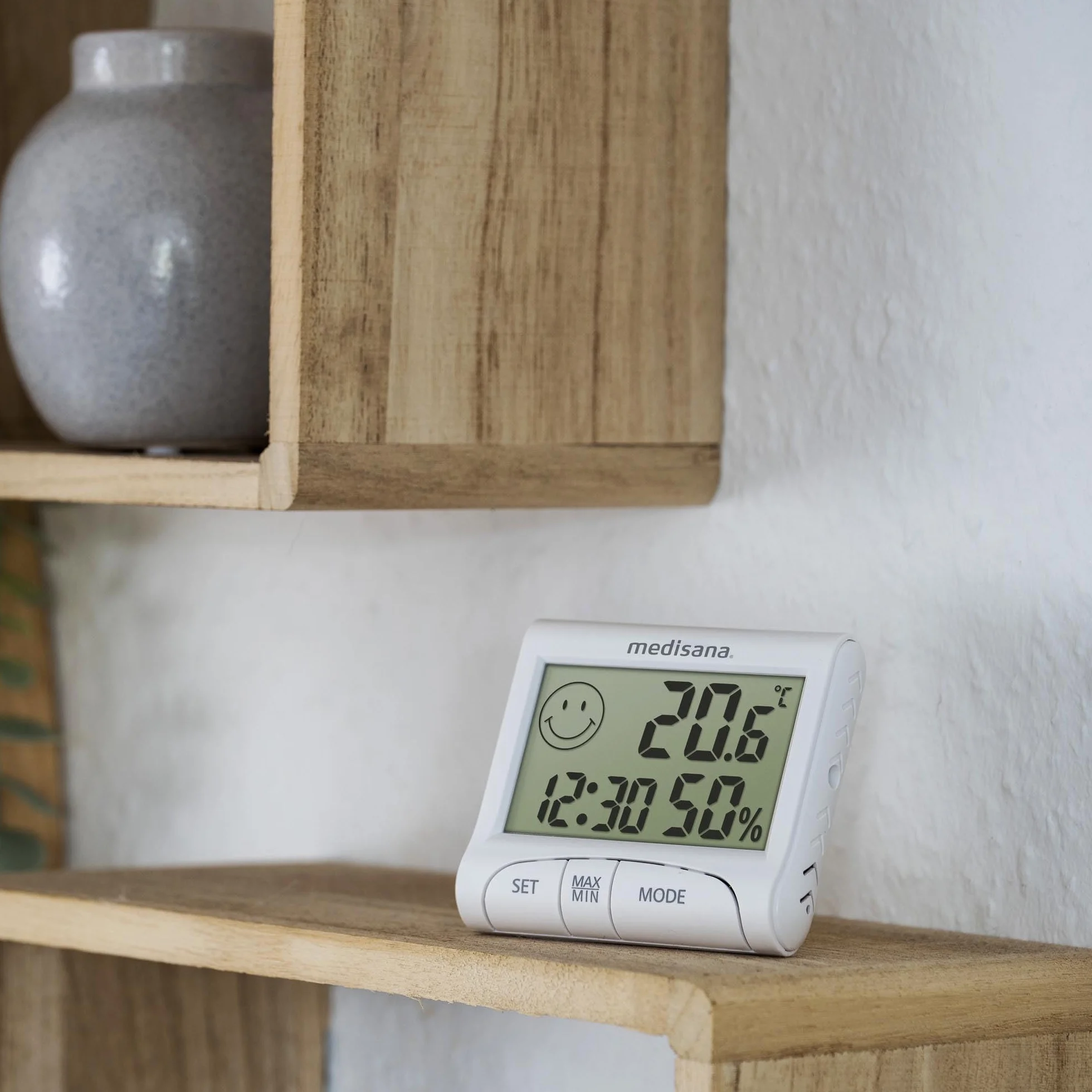 Medisana HG 100 Higrómetro digital, Termómetro ambiental, Medidor de humedad para habitaciones interiores, Indicación de la hora, Para un clima ambiental óptimo, Incluye función de memoria