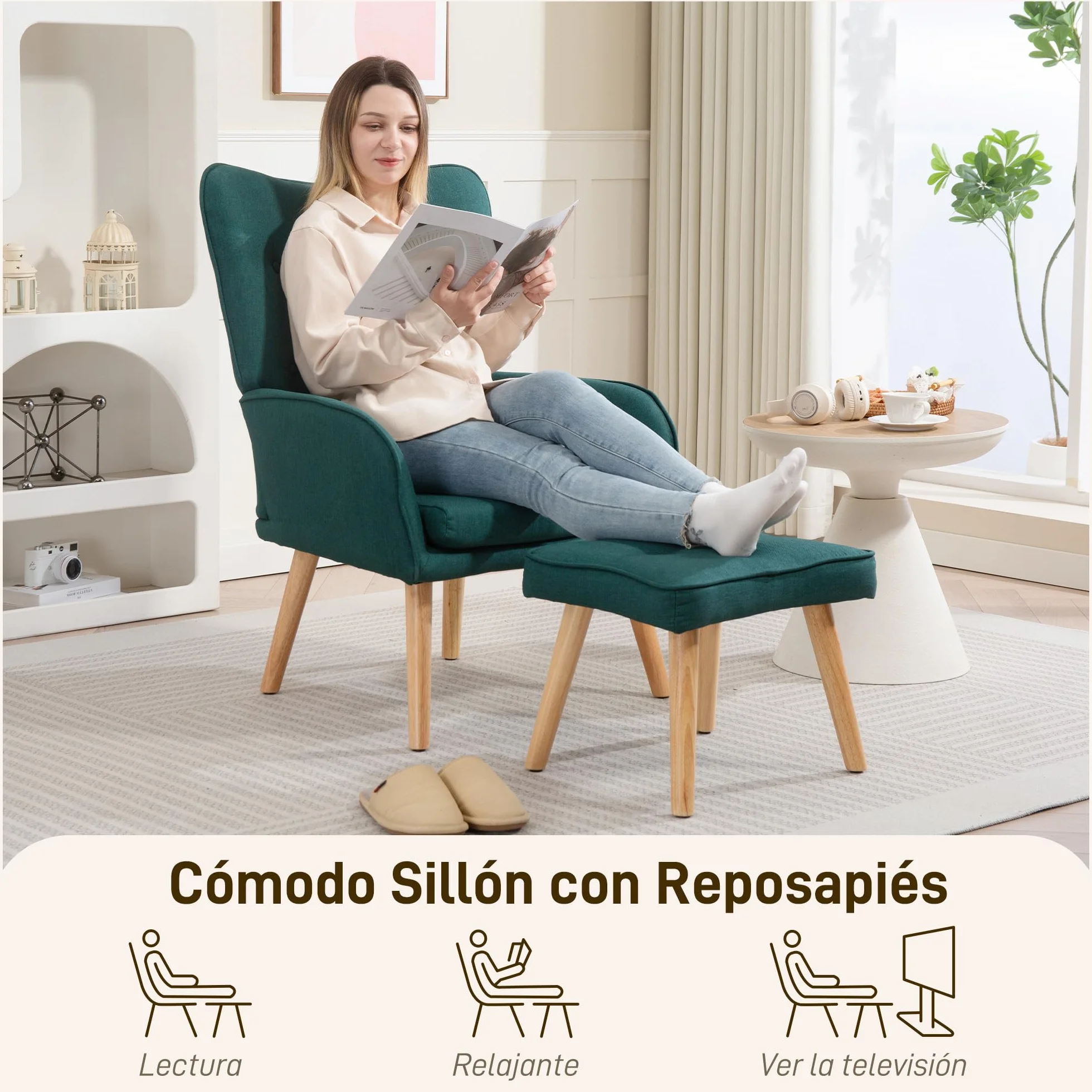 HOMCOM Sillón con Reposapiés Sillón Lectura con Respaldo Alto Capitoné Asiento Amplio Patas de Madera y Tapizado en Lino Butaca para Salón Dormitorio Oficina Verde Oscuro