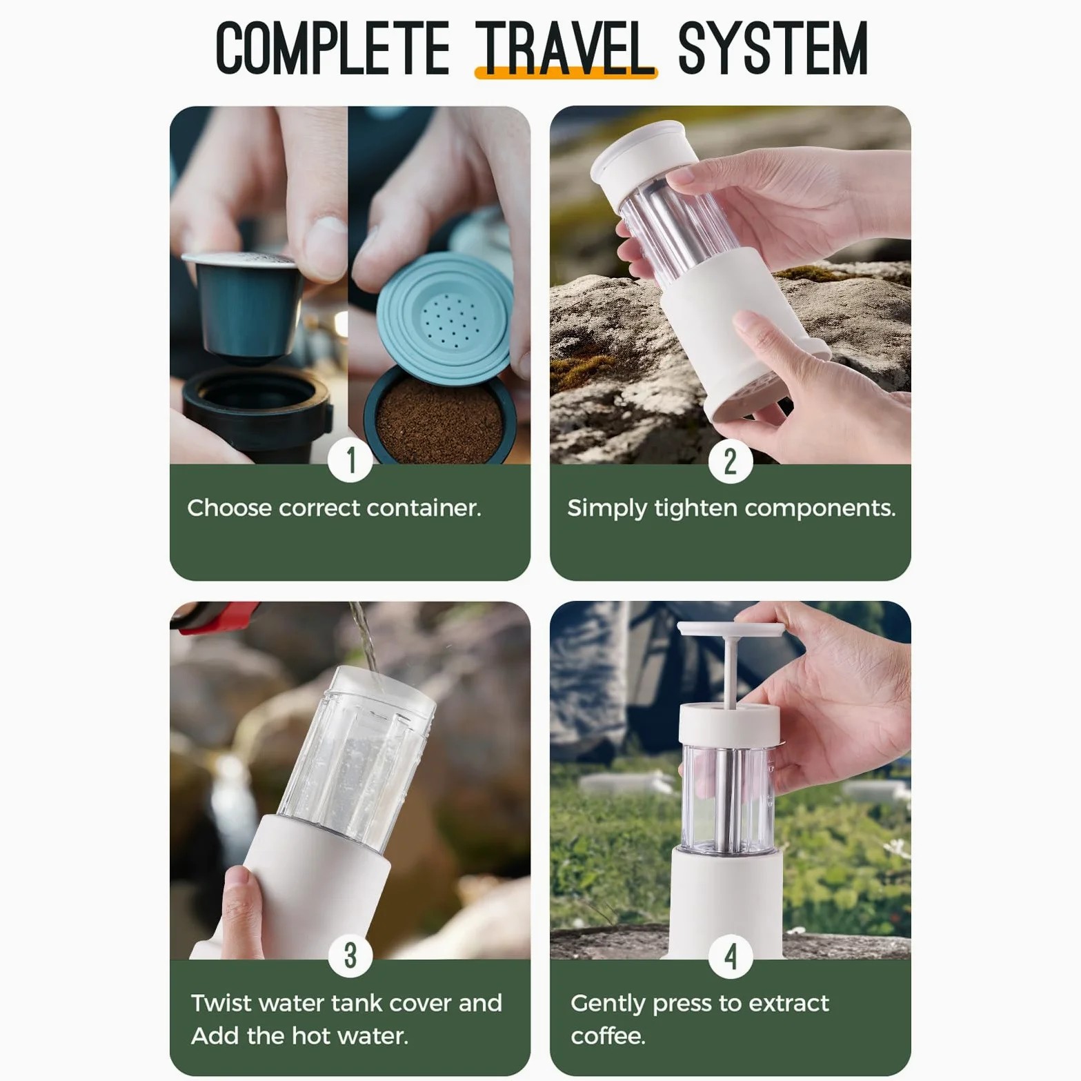 Compacta Prensada a Mano con Tanque de Agua de 80 Ml y Taza 120 Ml, Portátil para Caminatas y Viajes, Prensa Manual para un Auténtico Sabor a (Blanca)