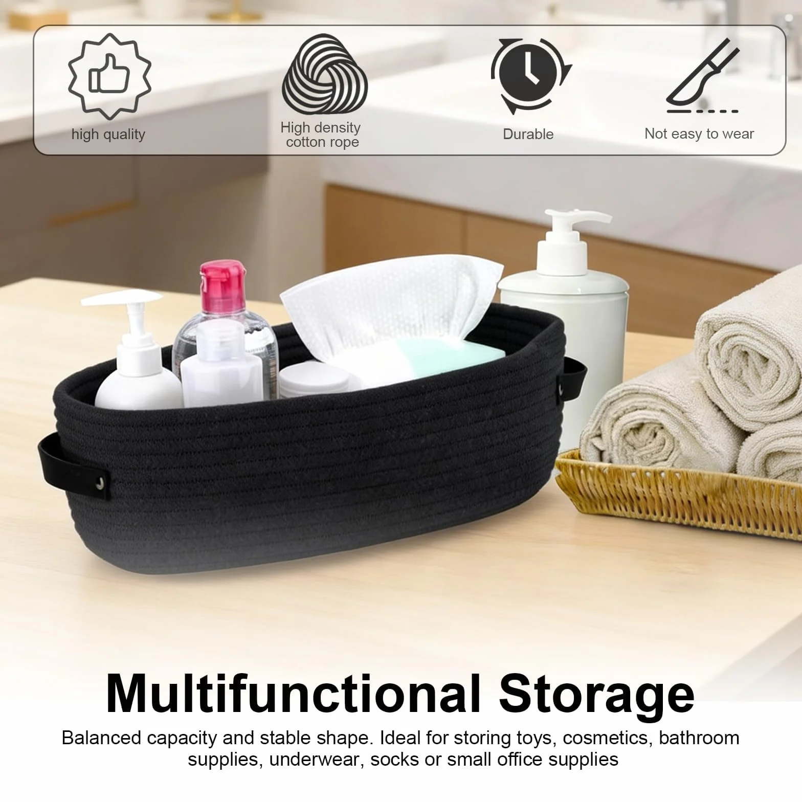 Cestas Almacenaje Baño Algodón 33x15x10 cm Negro Trenzada Organizadoras