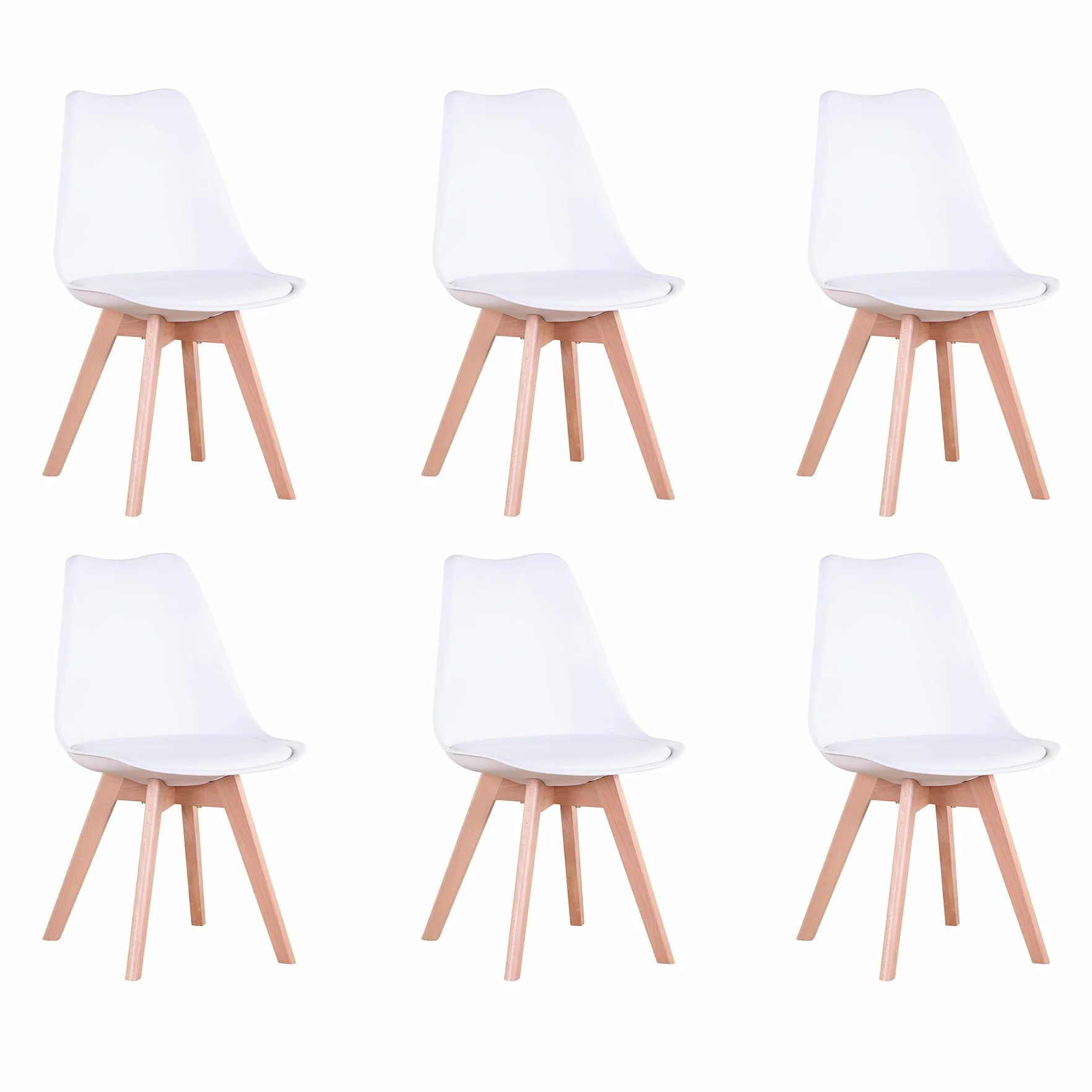 Juego de 6 Sillas de Comedor con Asiento Tapizado y Patas de Madera de Haya, Ideal para Comedor, Cocina, Salón, Dormitorio, Blanco