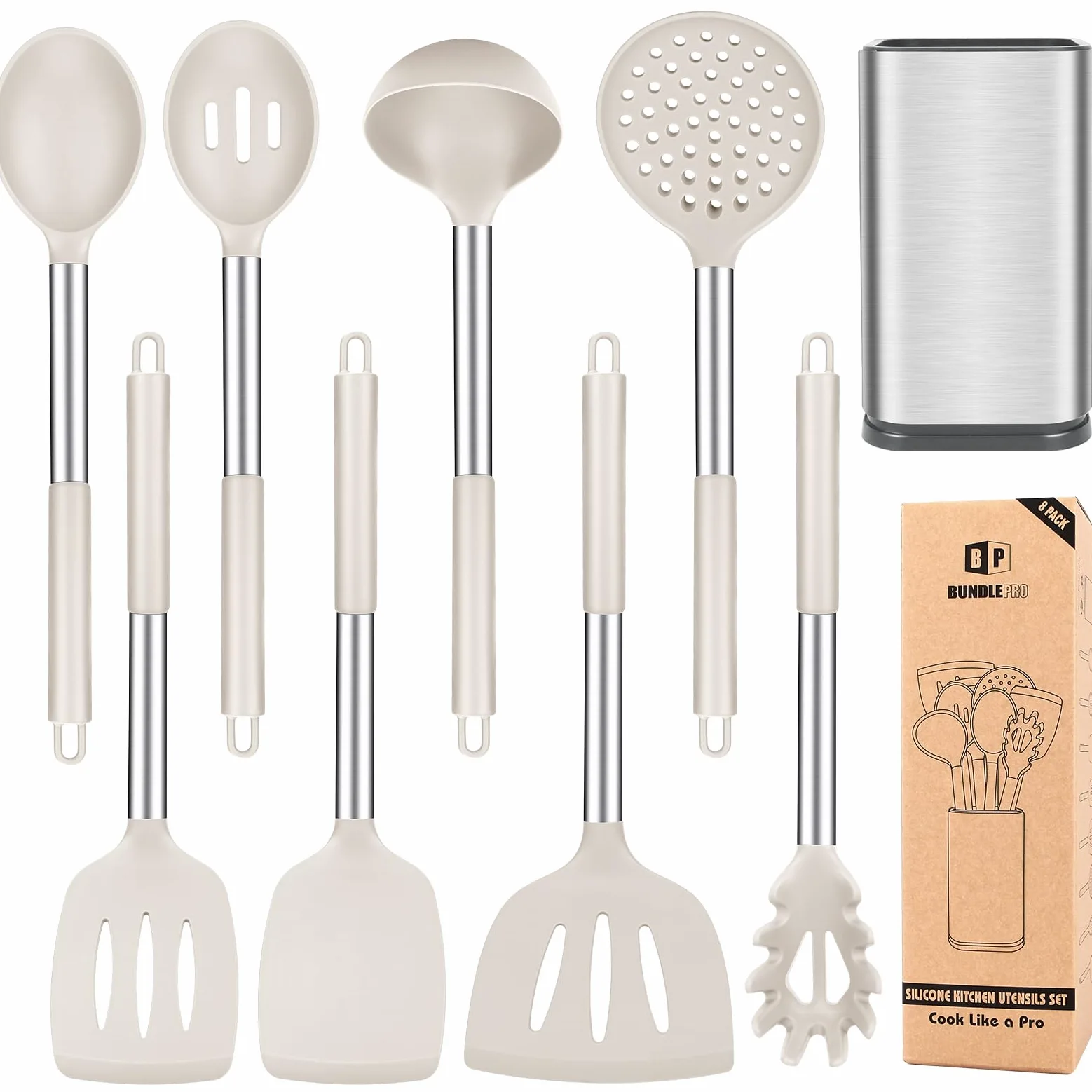 Juego de utensilios de cocina de silicona, 8 utensilios de cocina antiadherentes con mango de acero inoxidable, sin BPA, herramientas de cocina resistentes al calor con espátulas, volteadores,