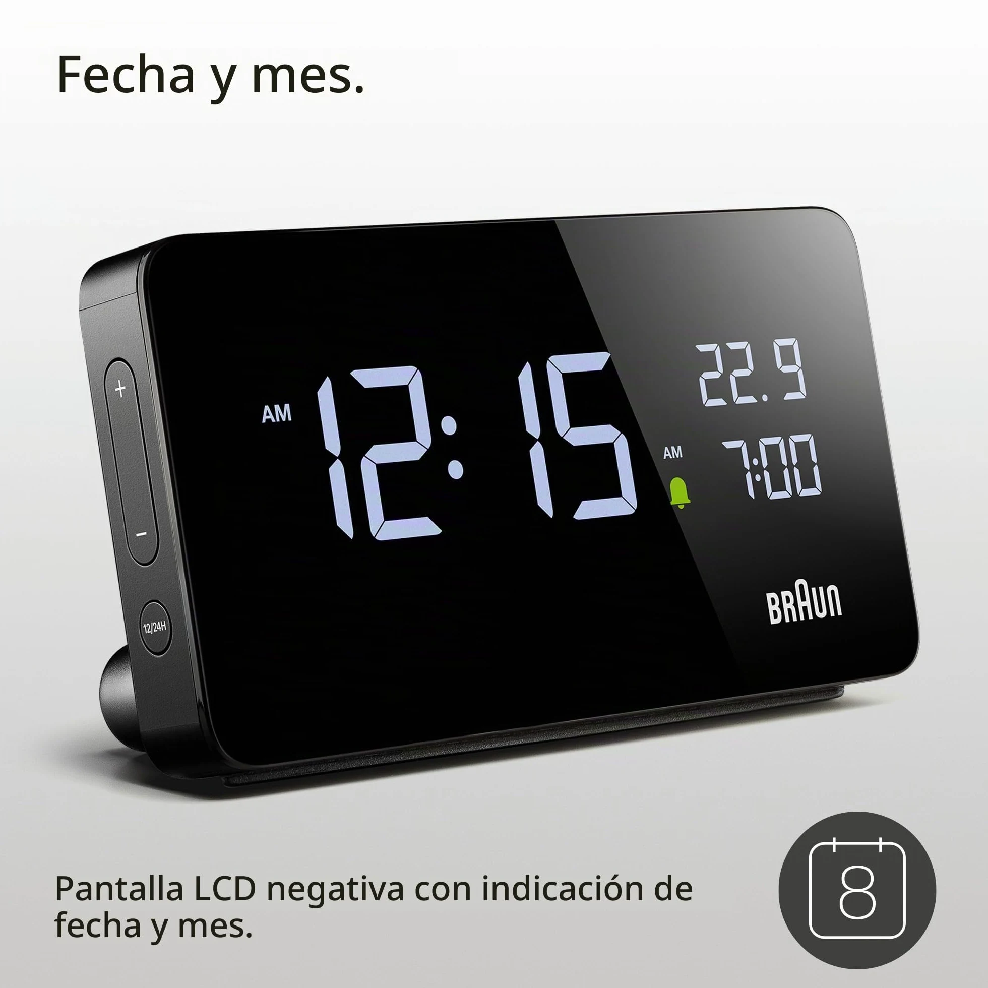 Braun Reloj Despertador Digital Pantalla LCD, 2 Puertos USB-C para Cargar Otros Dispositivos, visualización de Fecha y Hora, repetición táctil, configuración rápida, en Negro, Modelo BC20B.