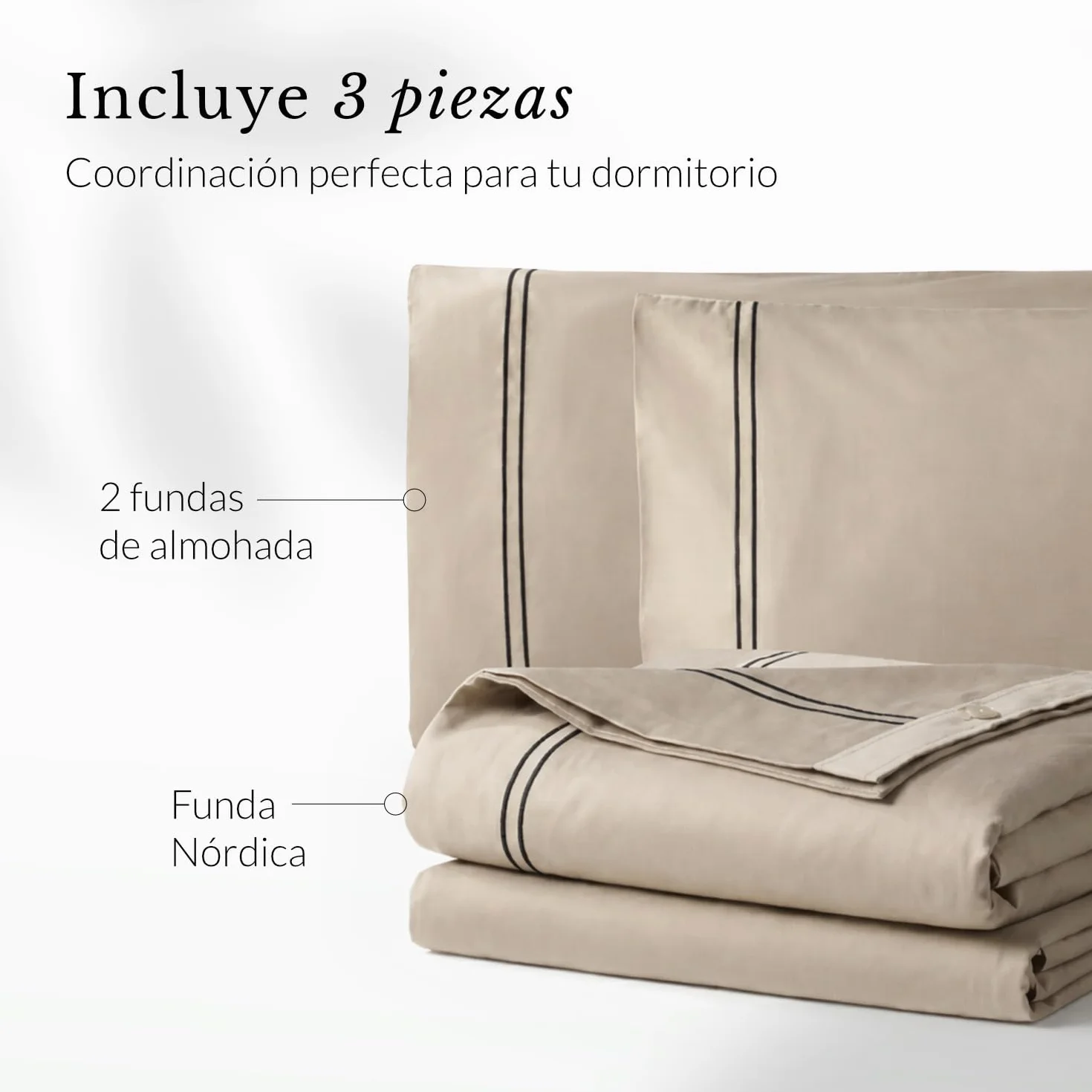 Dream – Pack 3 Piezas Funda Nordica Cama 150 (260x225 cm) y 2 Fundas Almohadas 50x80 – Stone – Satén 100% Algodón 300 Hilos, Tacto Sedoso y Adaptativo, Oeko-Tex®