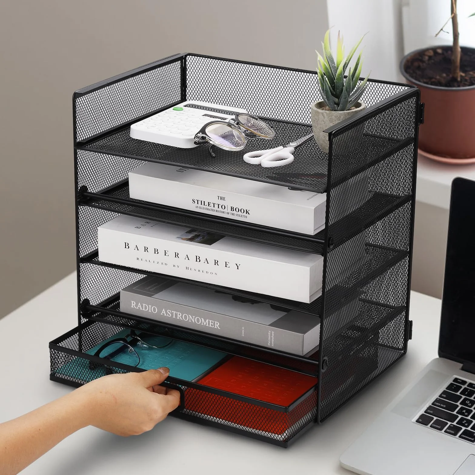 Cinnani Organizador de escritorio,bandeja de papel de 5 niveles con cajón, organizador de compartimentos de almacenamiento con carpetas,cartas,papel,bandeja organizadora de escritorio de metal (negro)