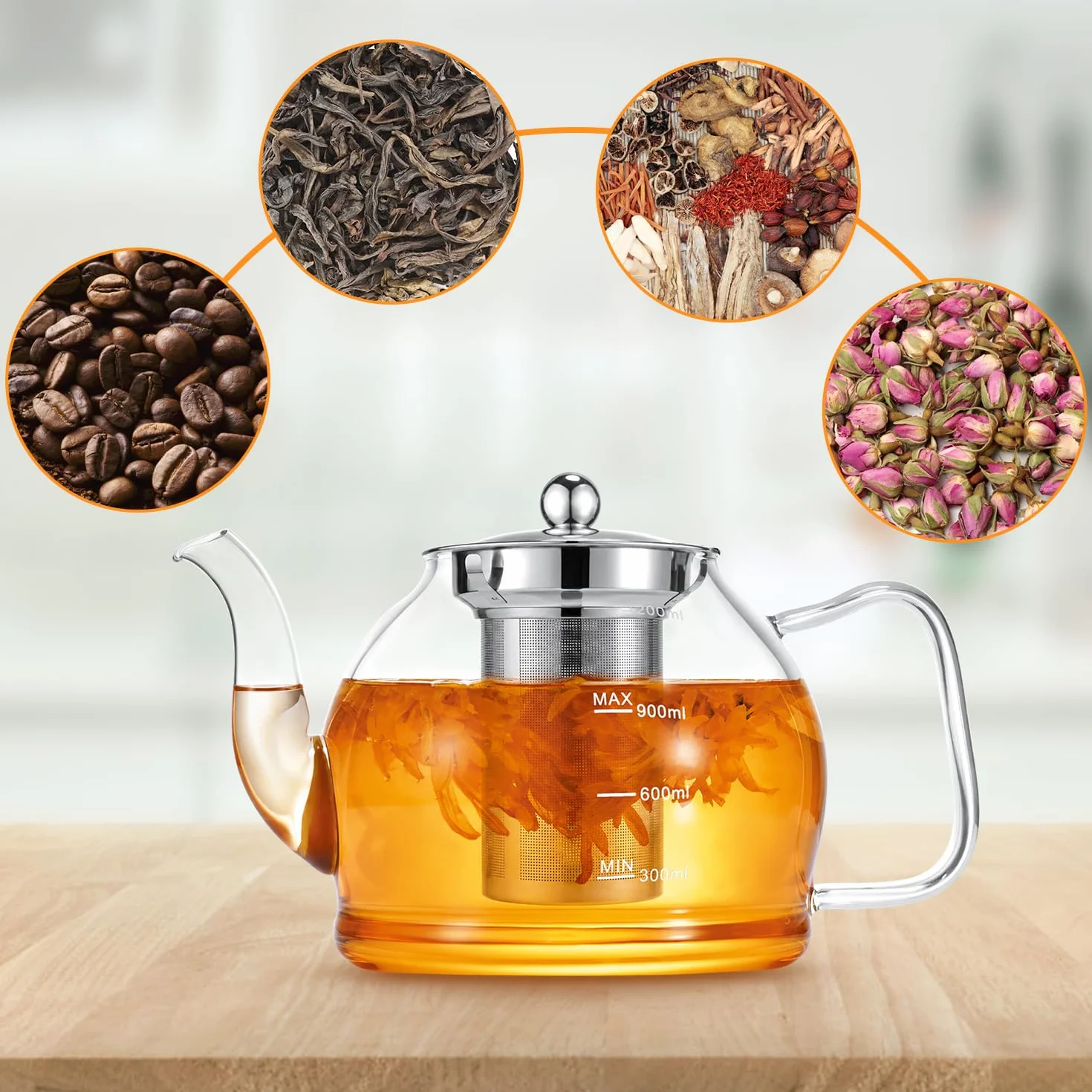Tetera, STNTUS 1200ml Teteras de Cristal con Infusiones da Acero Inoxidable, Infusor de Te Tetera Vidrio para Estufa y Gas