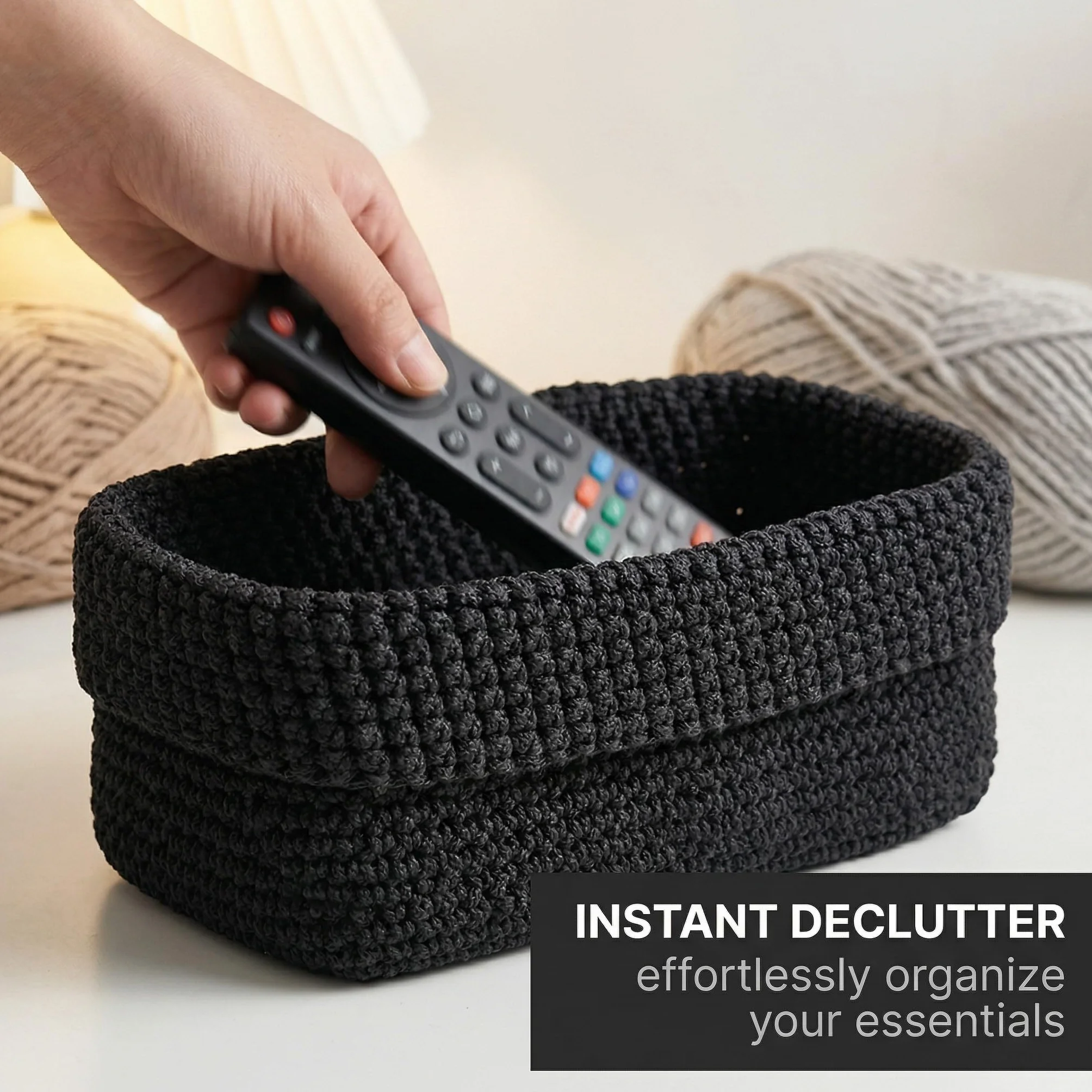 Cesta de Almacenamiento Negra Tejida a Mano en Cuerda de Algodón 21×13×15,5 cm Organizadora para Cocina Baño
