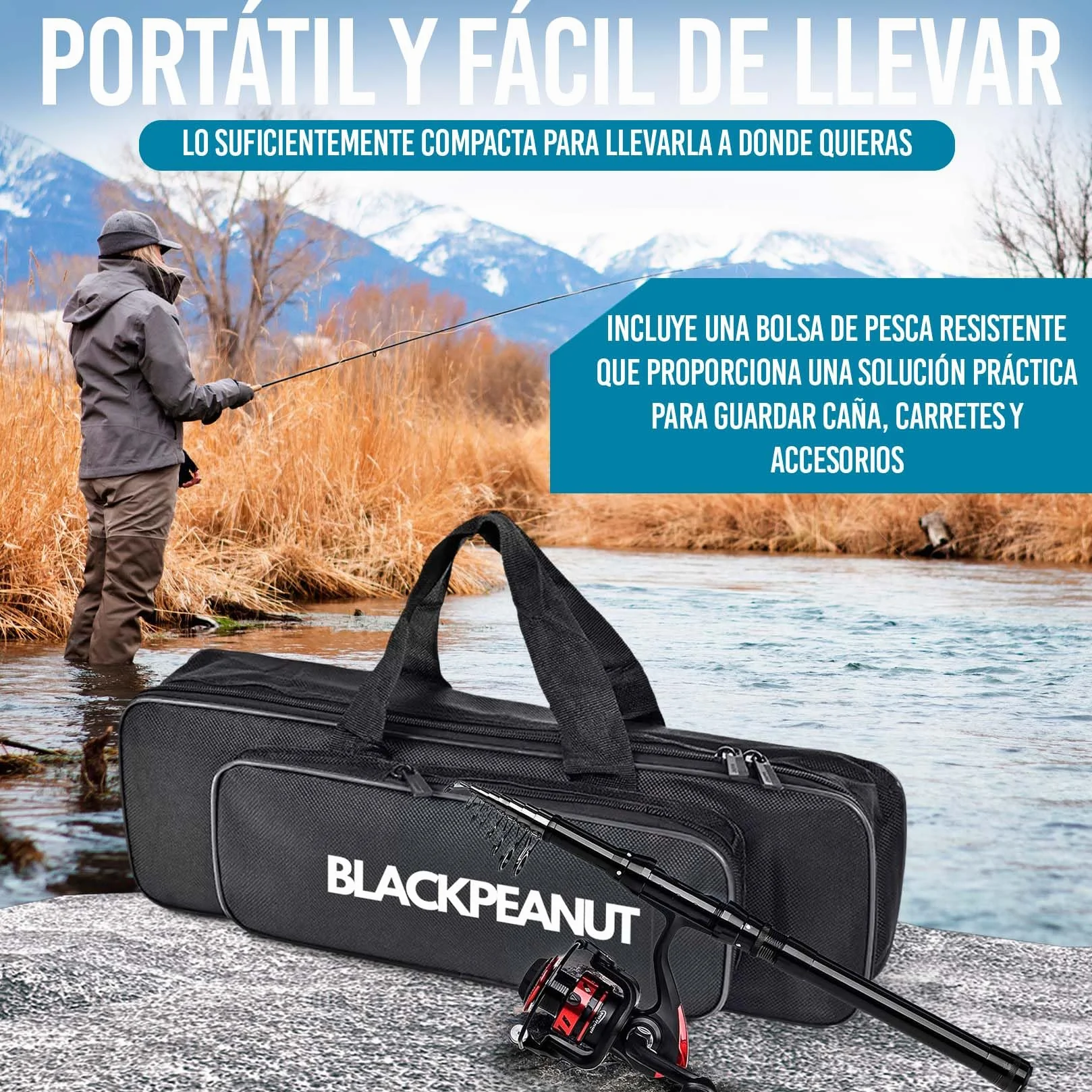 Kit de Pesca Completo - Caña de Pescar con Carrete, Señuelos, Sedal y Bolsa para Transporte – Caña de Pescar Spinning para Mar o Río – Incluye Señuelos, Sedal y Bolsa. Carrete Rojo y Negro
