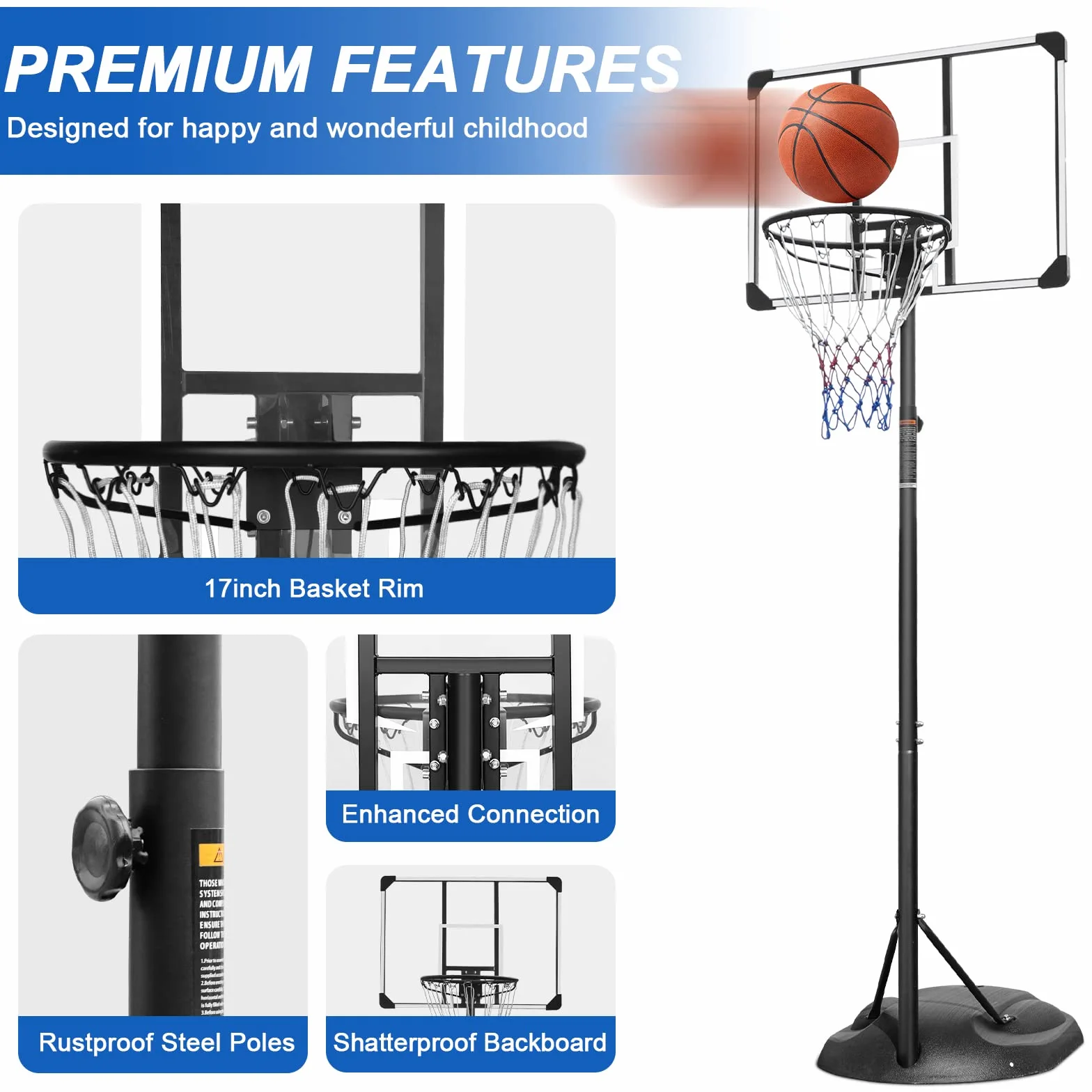 Sistema de aro de baloncesto portátil de altura ajustable 7-9 pies tablero transparente 32 pulgadas ruedas interiores exteriores 230-280 cm