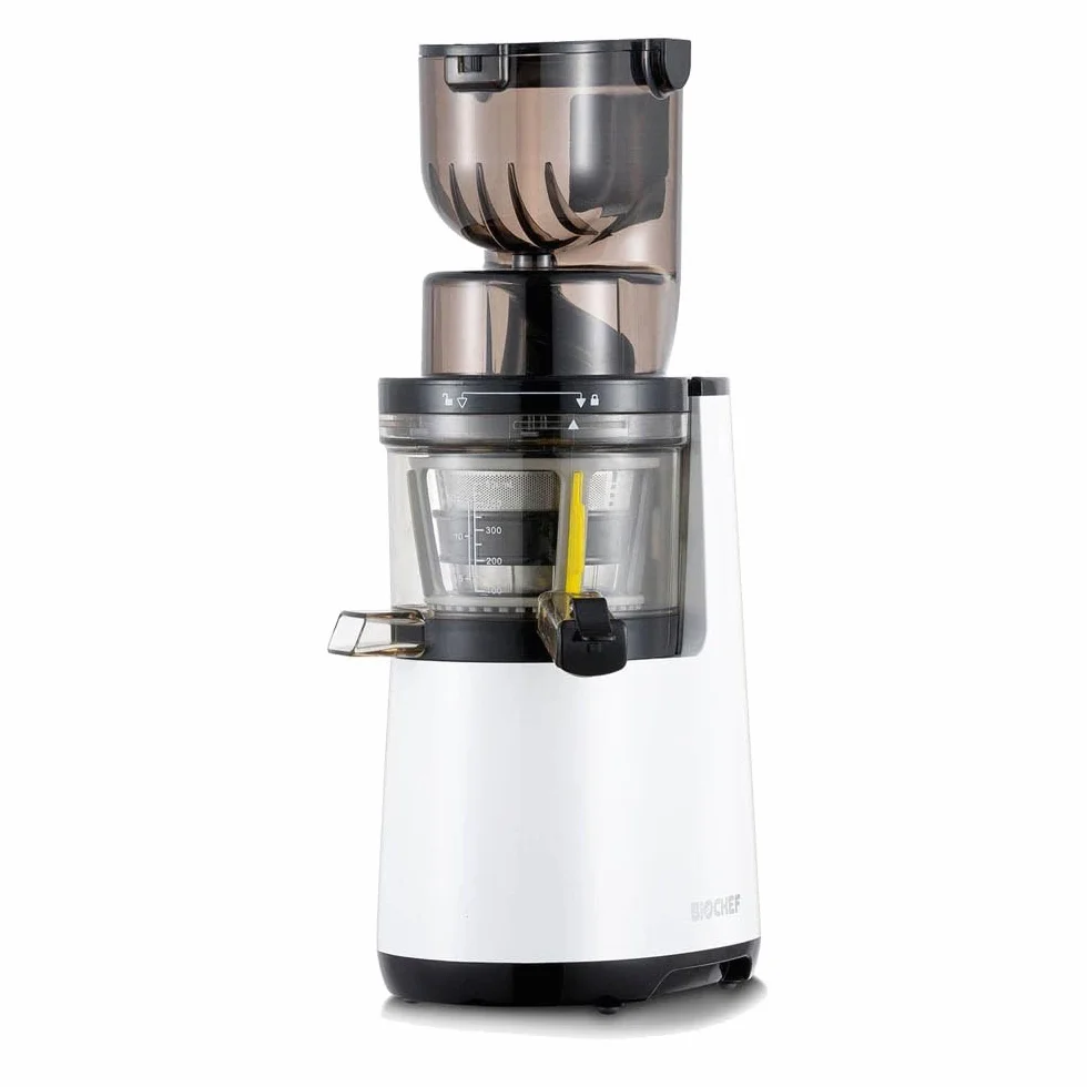 BioChef Atlas Whole Slow Juicer - extractor de zumos COLD PRESS, licuadora en frío ¡Exprime frutas enteras como manzanas, naranjas, zanahorias y remolachas! (Blanco) (Blanco)
