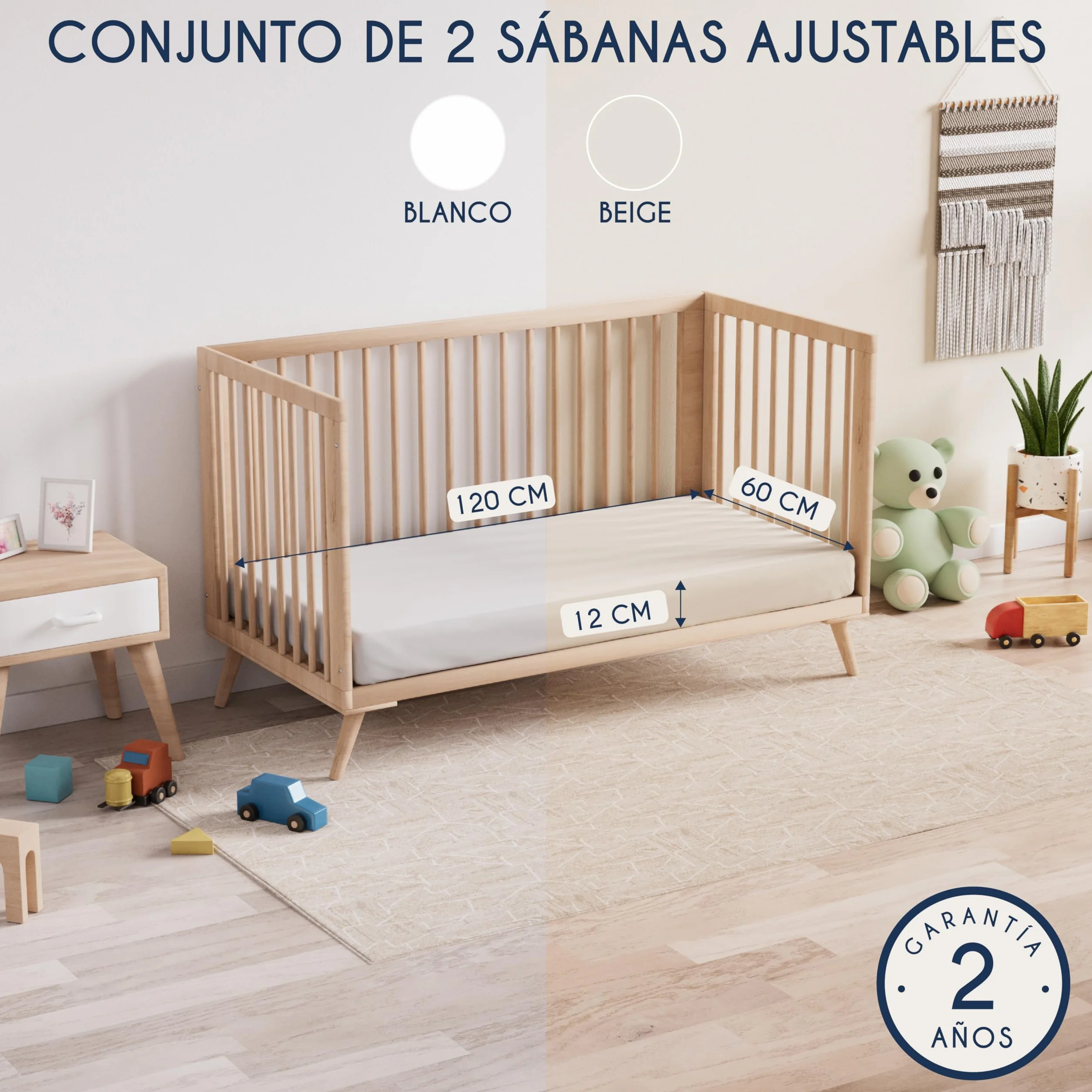 Dreamzie Juego de 2 Sabanas Cuna 60x120 Algodon Ajustables - Oeko Tex Certificado - Blanco Y Beige - Sabana Bajera Cuna 60x120 Algodon 100% Jersey