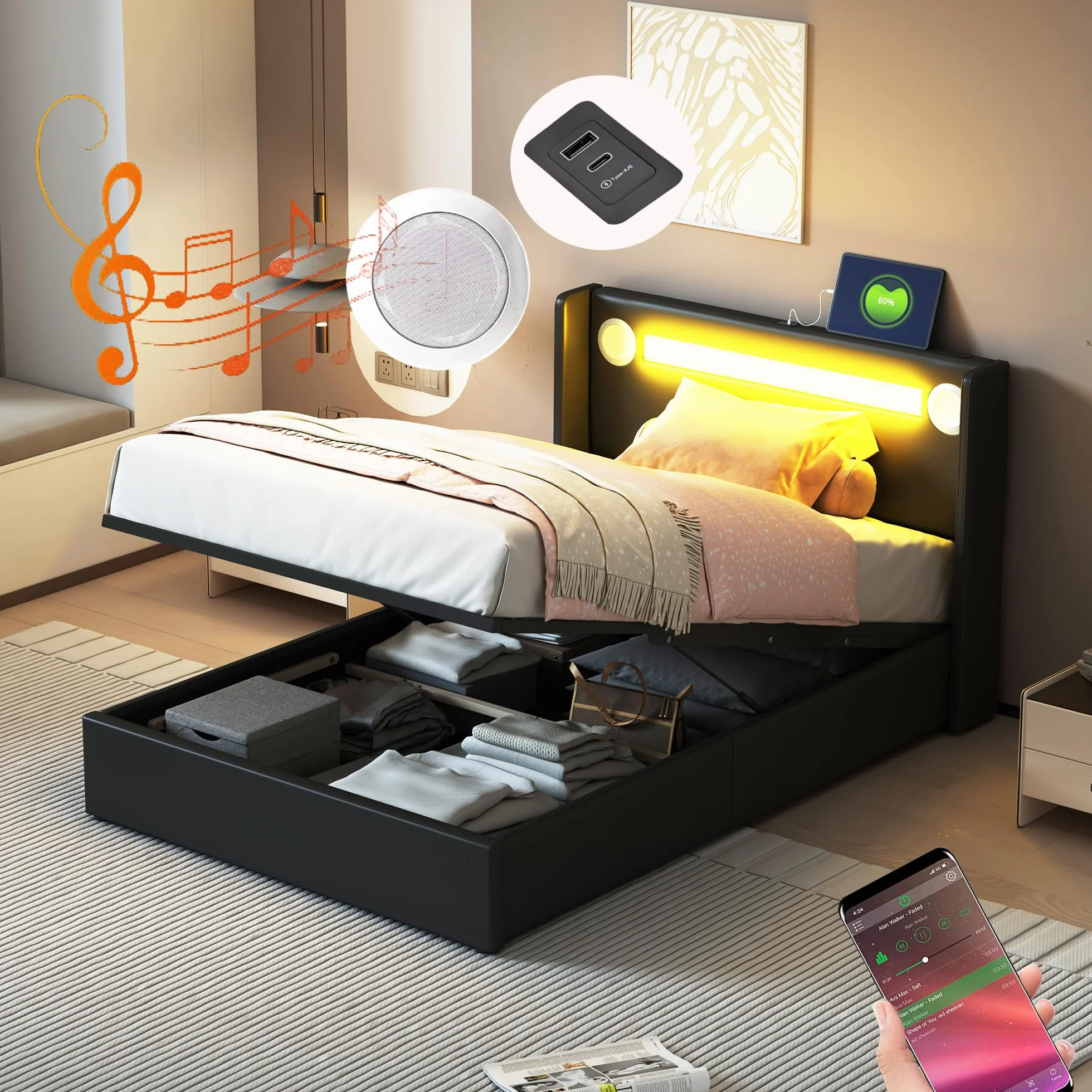 Merax Cama tapizada de 90 x 200 cm con tiras de luz LED, espacio de almacenamiento cama con reproductor Bluetooth y carga USB, para jóvenes, adultos, piel sintética negra (sin colchón)