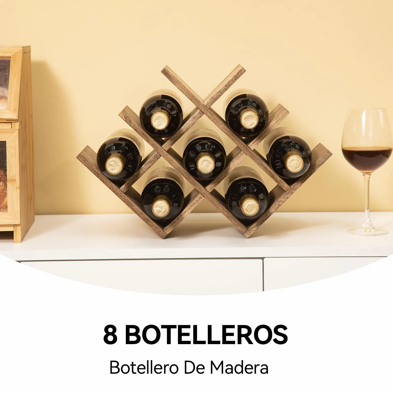 KIRIGEN Wein- & Glas-Organizer aus Holz – Präsentierregal für 8 Flaschen (3-stufig) – Vielseitig für Küche, Esszimmer Oder als Geschenk, Color Marrón