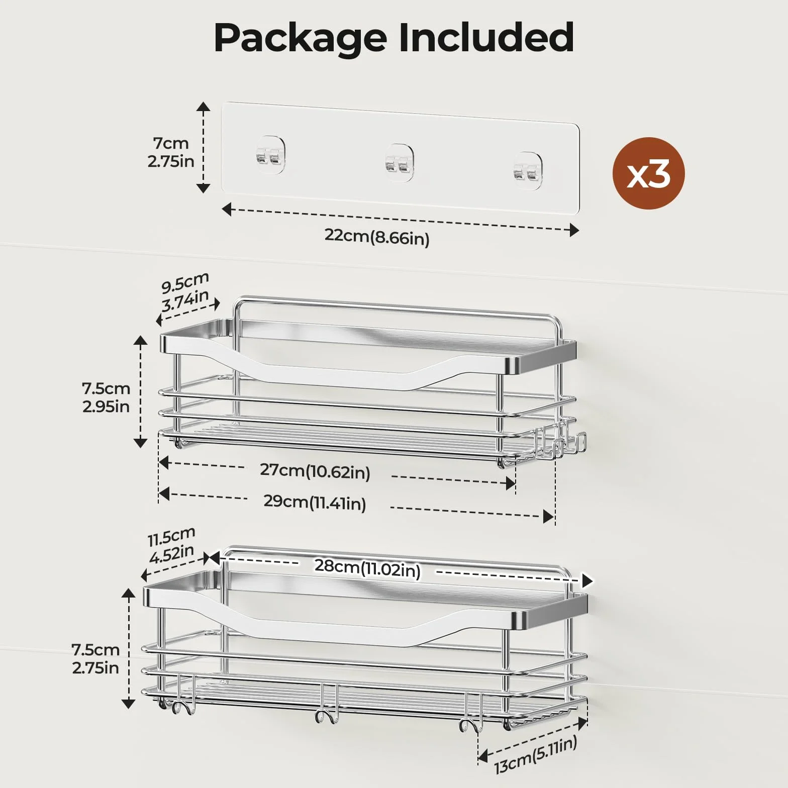 Orimade Adhesivo Estantes Cesta para Ducha con 5 Ganchos para Colgar Esponjas y Cuchillas Estanteria Organizador Baño Acero Inoxidable Sin Taladro Plata