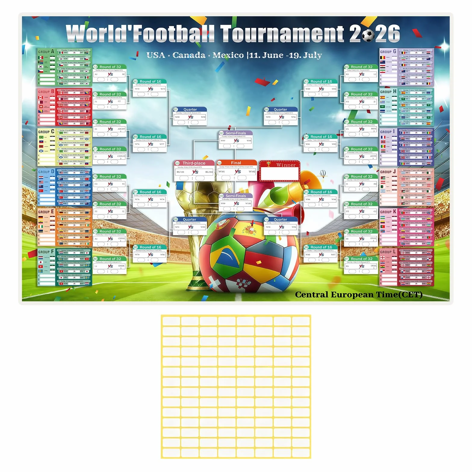 Calendario Mundial Futbol 2026 Poster Copa del Mundo 95x75cm 150x100cm