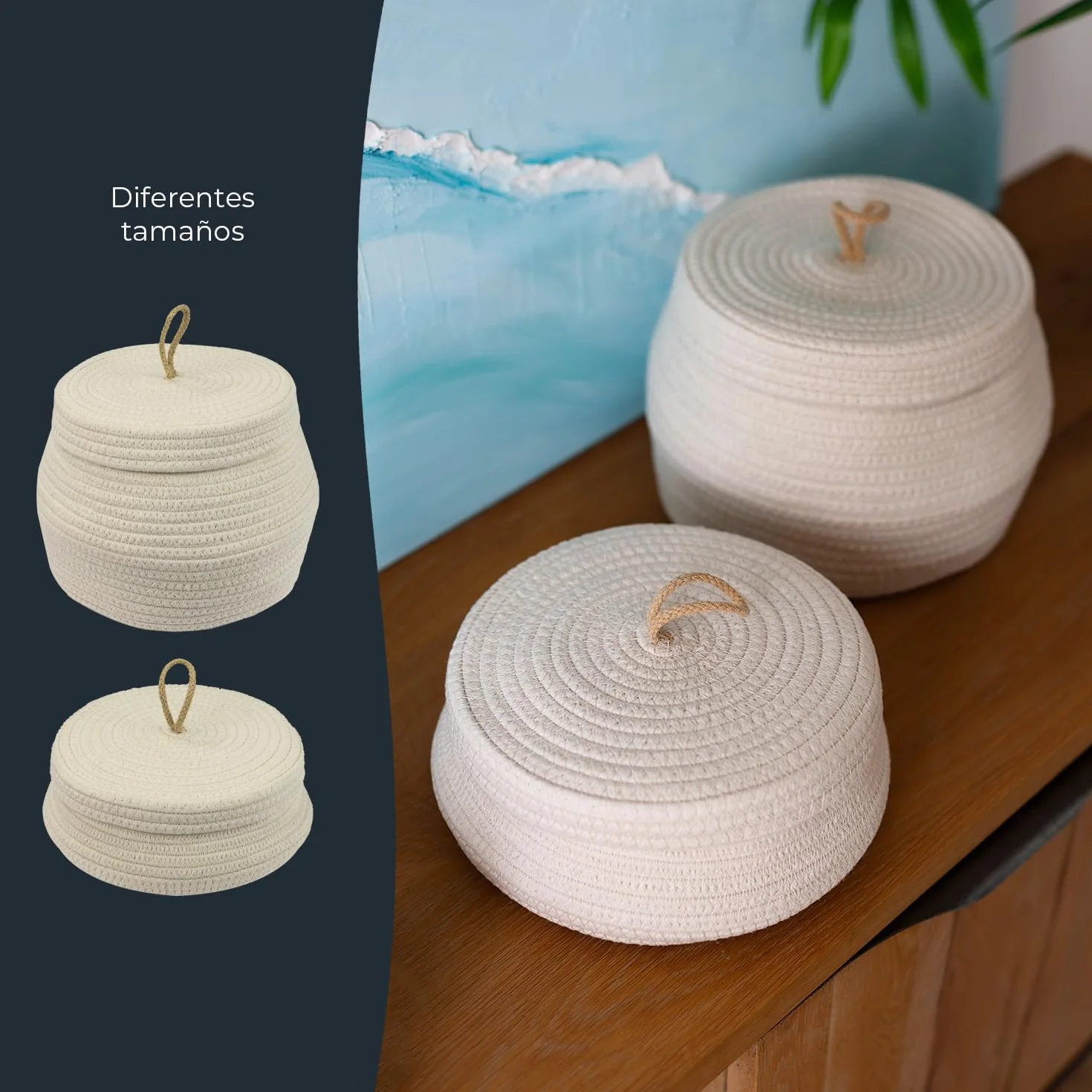 HMF Cesta de almacenamiento redonda para baño, cesta con tapa de algodón, altura 25,5 x 19 cm, color crema