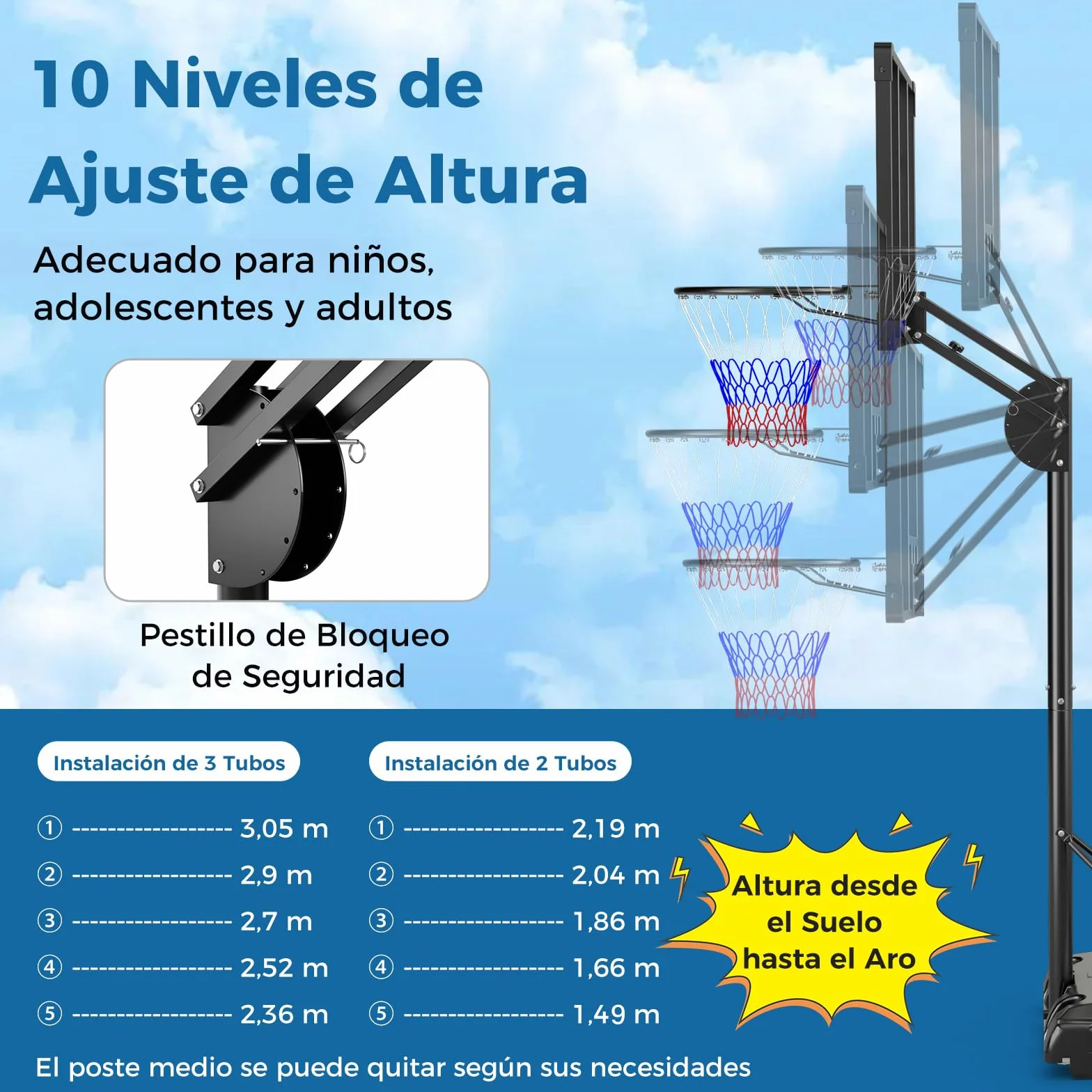 COSTWAY Canasta de Baloncesto Altura Ajustable 10 Niveles 1,49-3,05 M Exterior Interior 2 Ruedas Base Rellenable