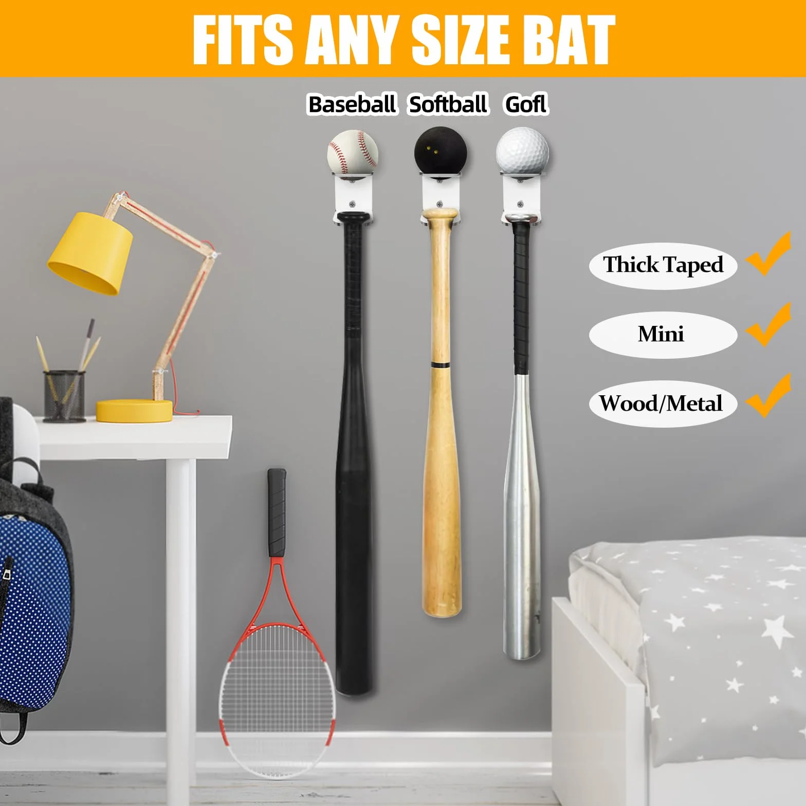 Soportes de pared para almacenamiento de béisbol, soporte acrílico para bate, organizador de equipo deportivo