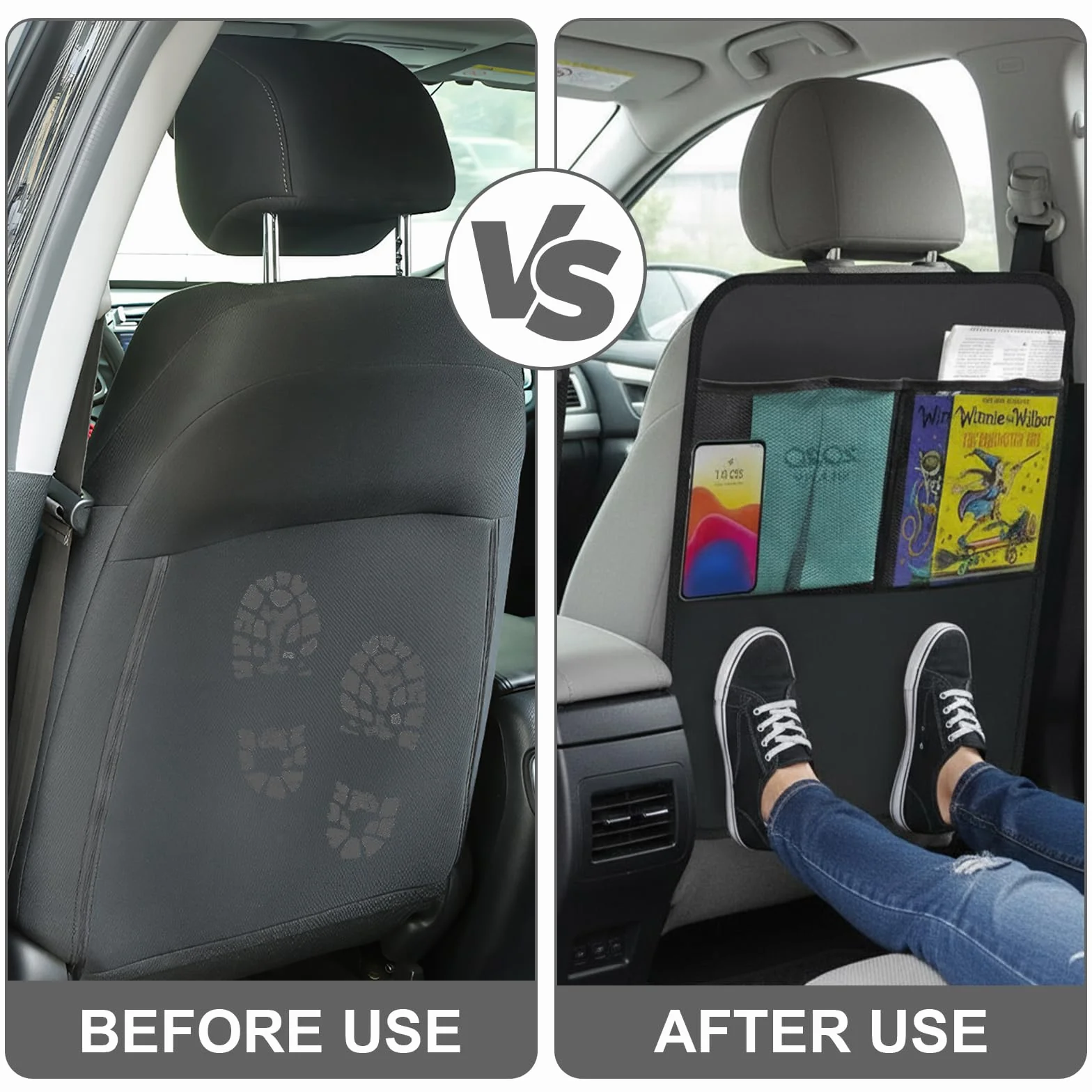 Protector de Asiento de Coche Resistente al Agua, 2 Piezas 45 x 60 cm Asiento de Coche con 2 Bolsillos de Malla, Protección para la Parte Trasera de los Asientos Delanteros