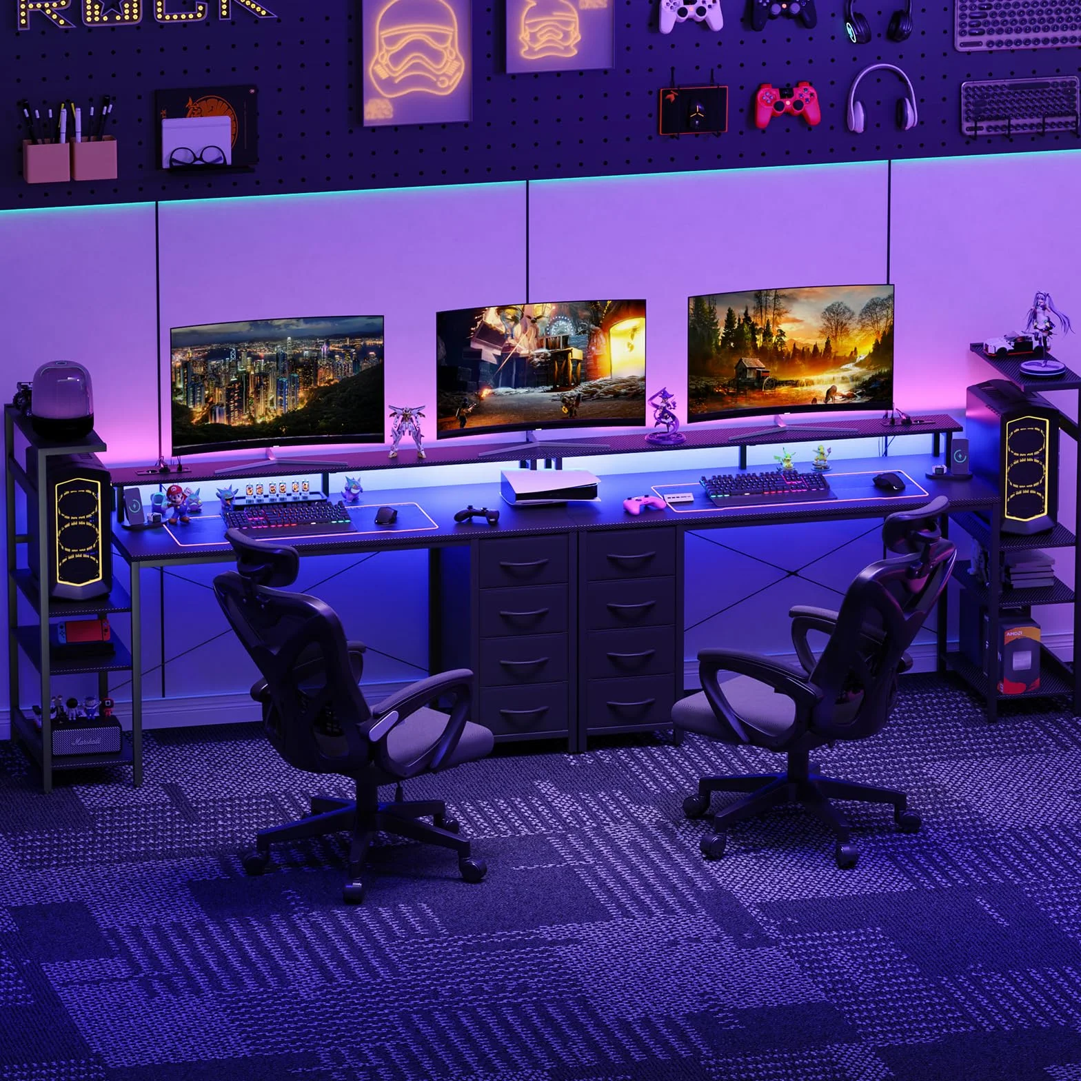 YOUDENOVA Escritorio para Gaming 150 * 50cm, Mesa de Juegos con iluminación LED y tomacorriente, Mesa de Ordenador con cajones, Fibra de Carbono Negro