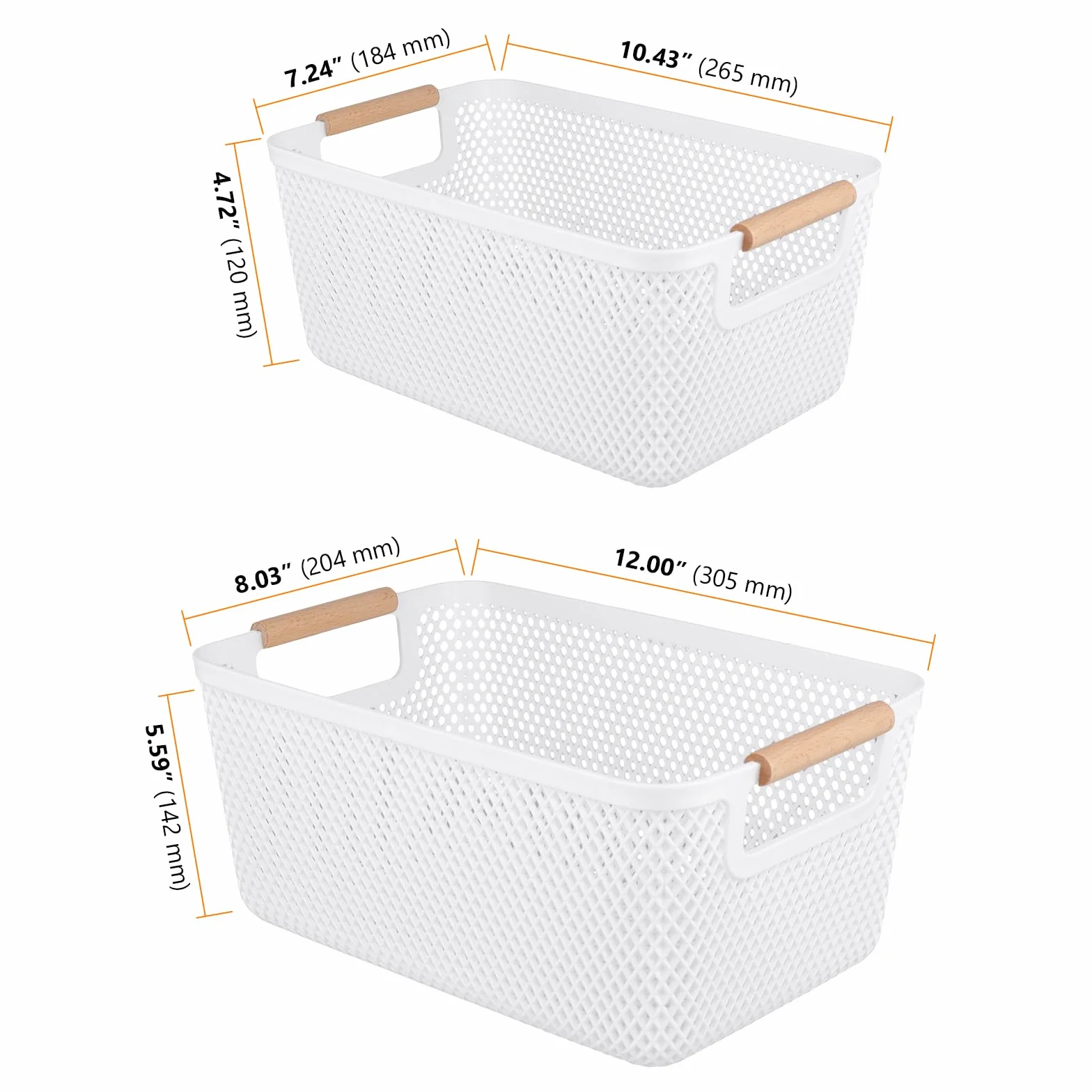 8 cajas de almacenamiento blancas sin tapa de plástico, con asas de madera maciza y laterales ventilados, organizadores para baño, cocina, hogar y lavandería