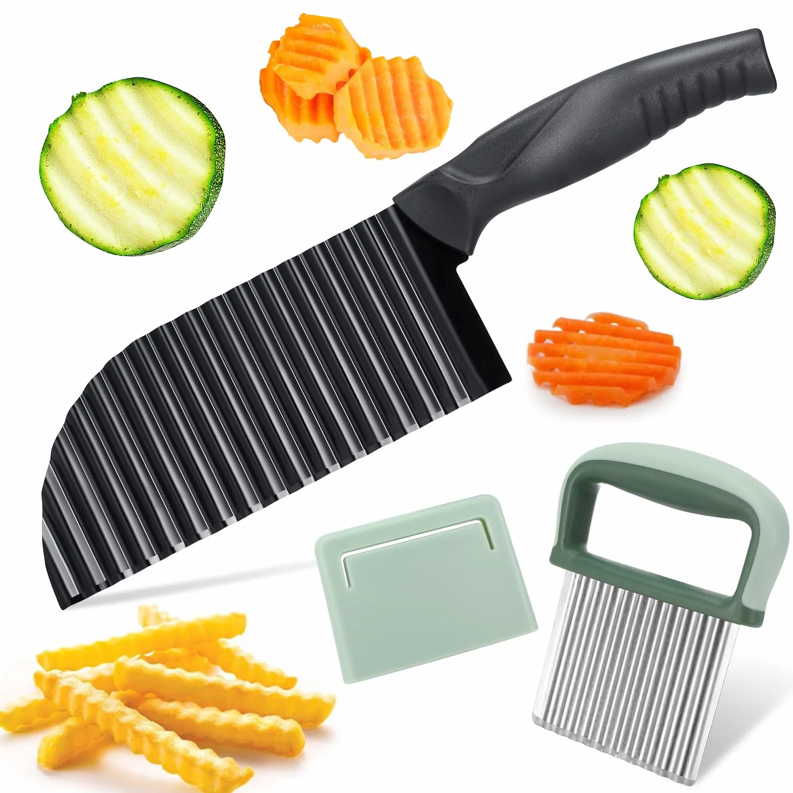 2 Piezas Cortador Ondulado de Patatas de Acero Inoxidable,cuchillo ondulado de acero inoxidable,cuchillo para papas fritas,cortador ondulado con cubierta protectora,para Cortar verduras,ensalada,fruta