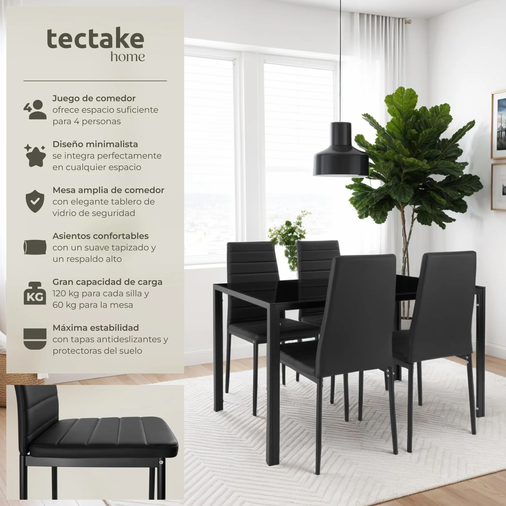 tectake® Conjunto Mesa y sillas de Comedor, Mesa con Tablero Cristal Seguridad y 4 sillas Cocina tapizadas Cuero sintético, Estructura Acero, sillas Comedor, Set Muebles de Cocina - Negro