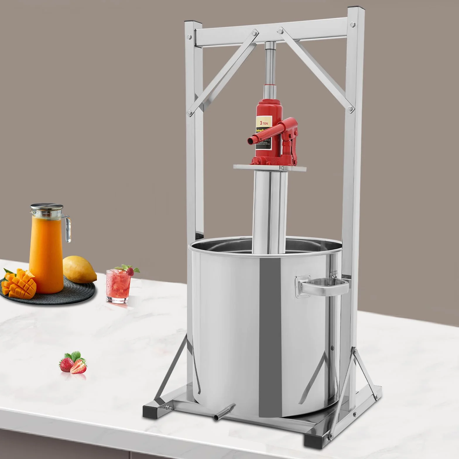 Exprimidor hidráulico de acero inoxidable 36L, 3T Frutas y Vino Prensa con Cubo de Filtro y Gato de Carro, Prensa de Frutas Manual para Vino, Verduras, Queso, Uso Hogar y Pequeñas Cervecerías