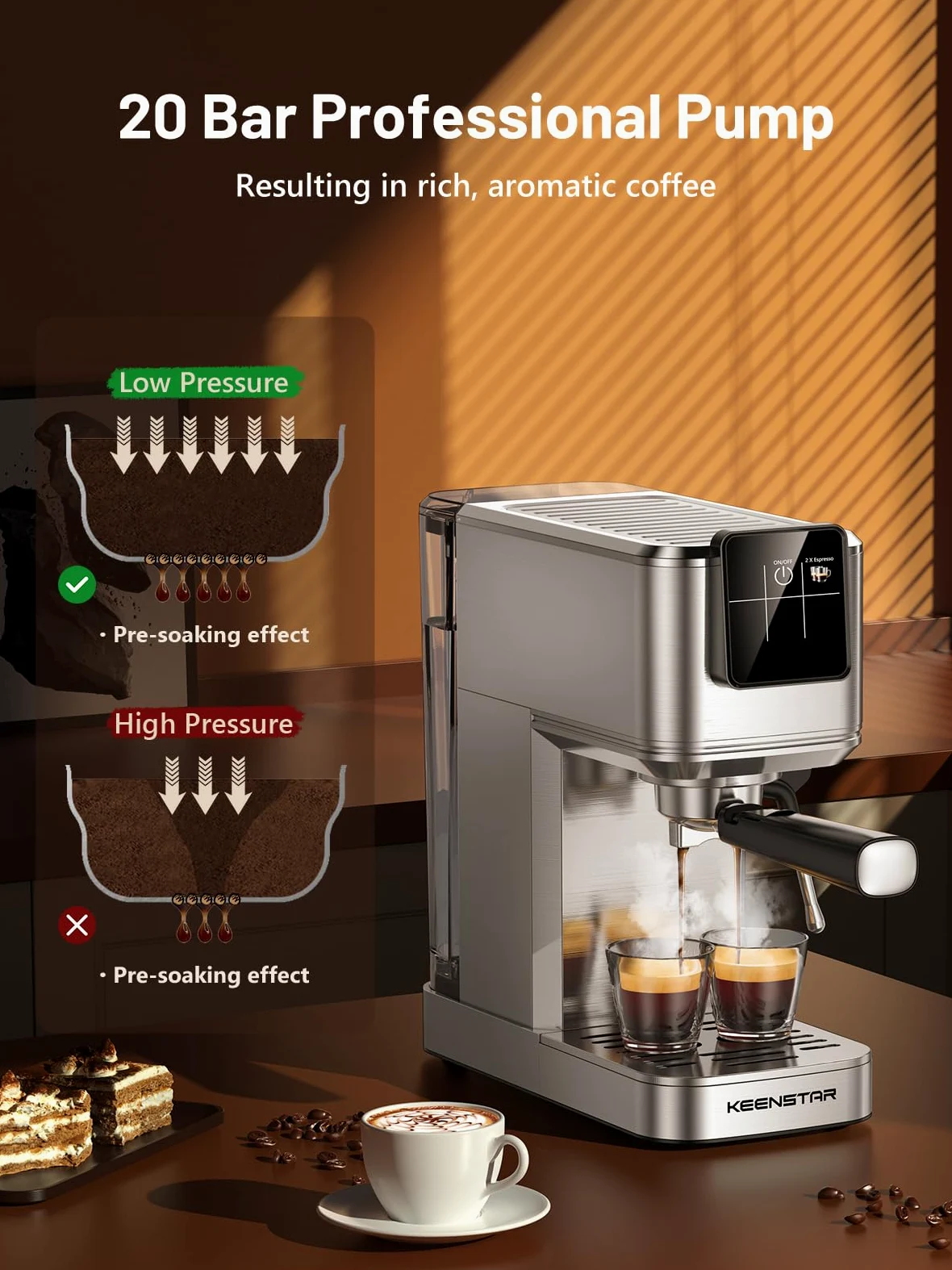Cafetera espresso de 20 bares con cerveza rápida en frío, cafetera caliente y helada, cafetera de acero inoxidable con espumador bar vapor touch display con depósito de