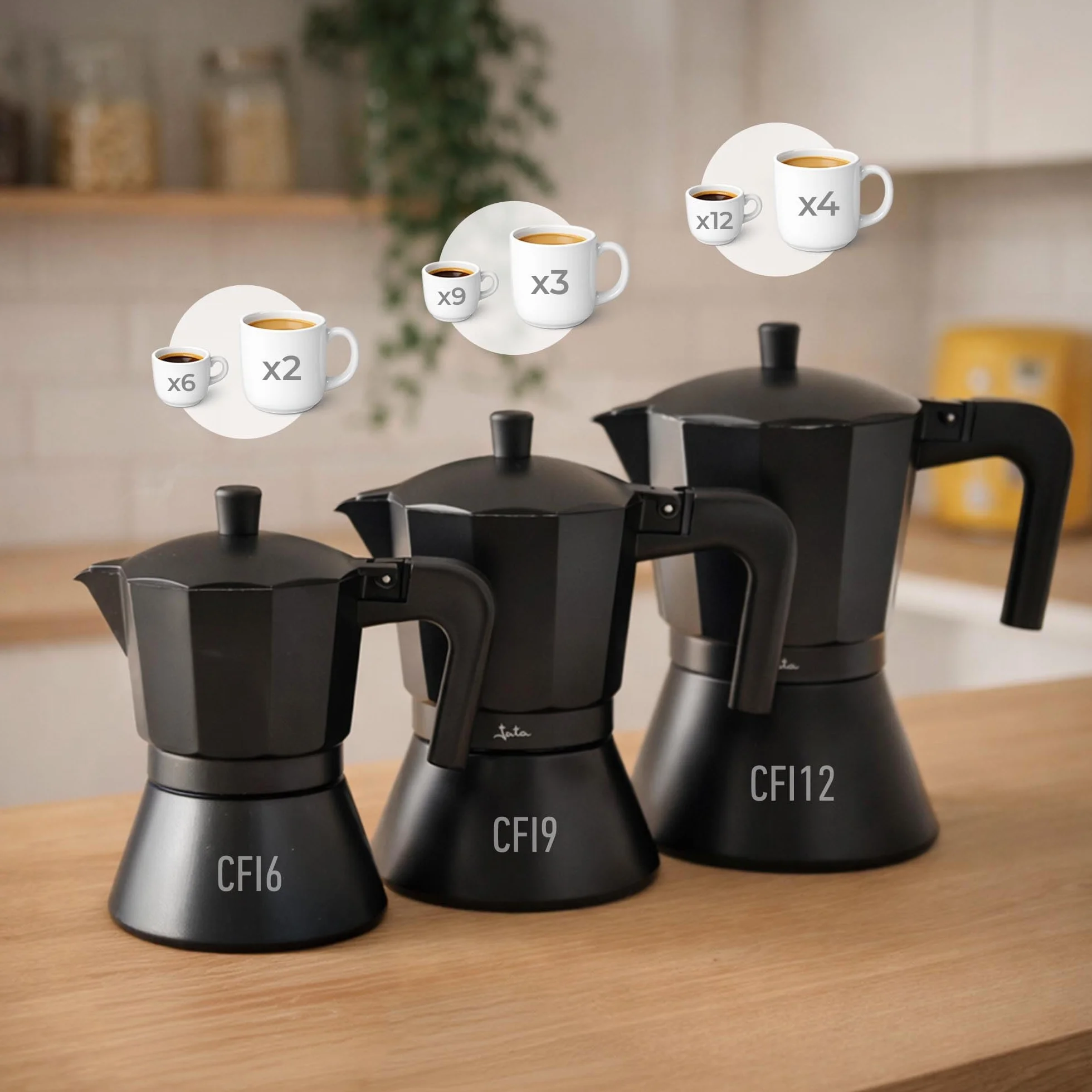 Jata CFI6 - Cafetera Italiana Inducción, Capacidad 6 Tazas, Apta para Todo Tipo de Cocinas, Cuerpo Aluminio, Negro