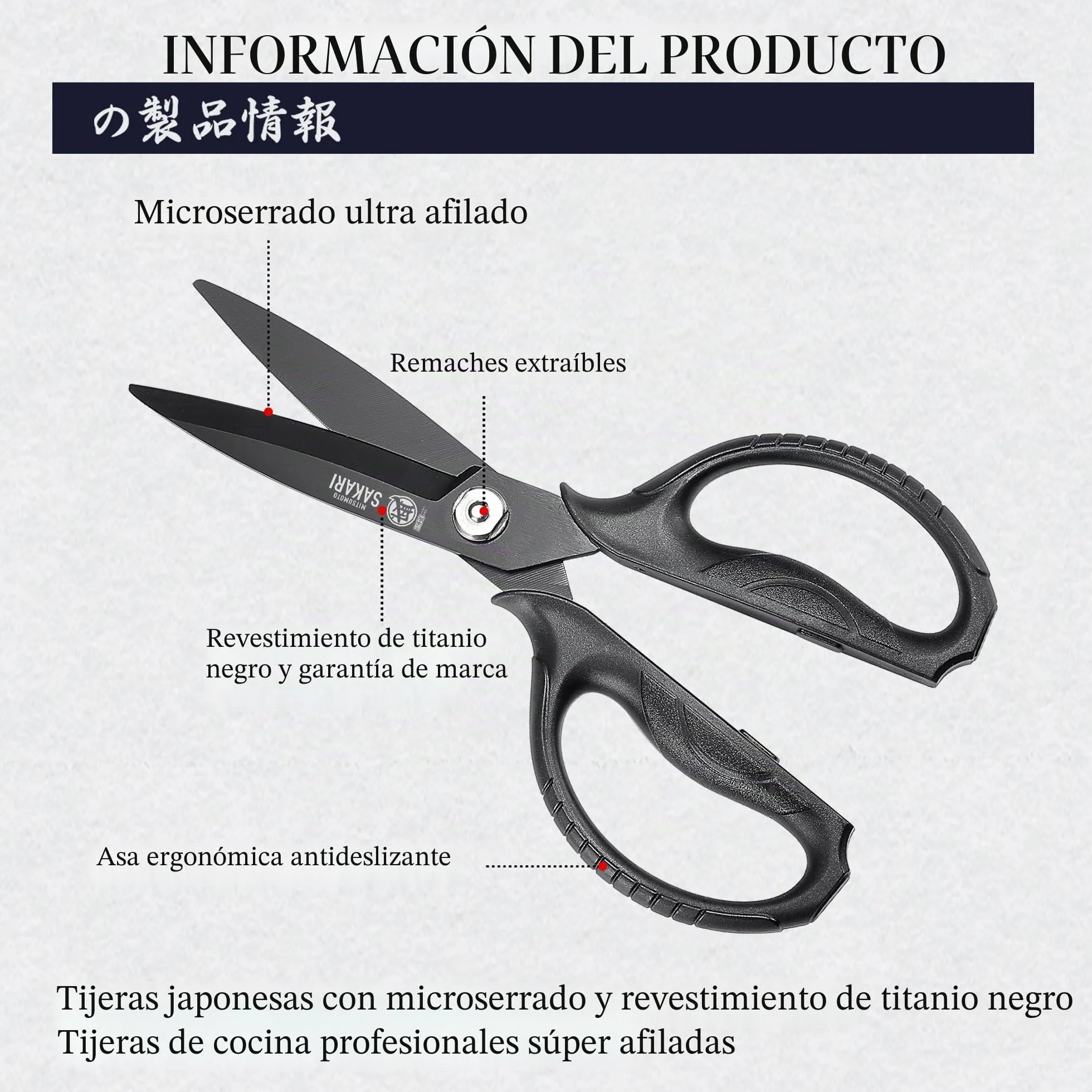 MITSUMOTO SAKARI Tijera Cocina Japones para Todo Uso, Tijeras de alta Resistencia Chapadas en Titanio Negro, Tijeras de Cocina y Hierbas Multiusos, Microdentadas