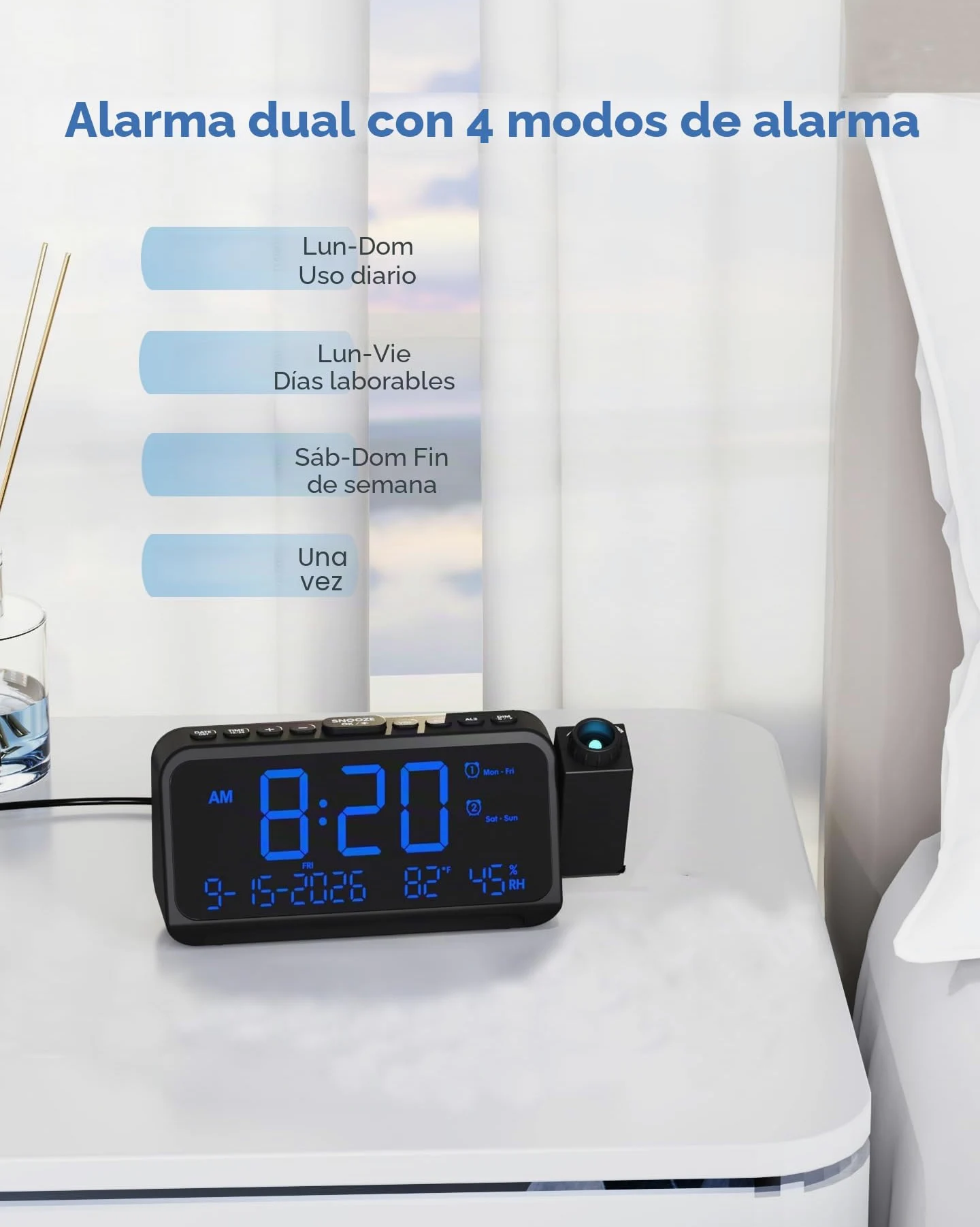 Roxicosly Reloj despertador de proyección para techo de dormitorio, 118 dB súper fuerte para personas que duermen mucho, pantalla digital regulable grande de 6.7 pulgadas con fecha de día, humedad de
