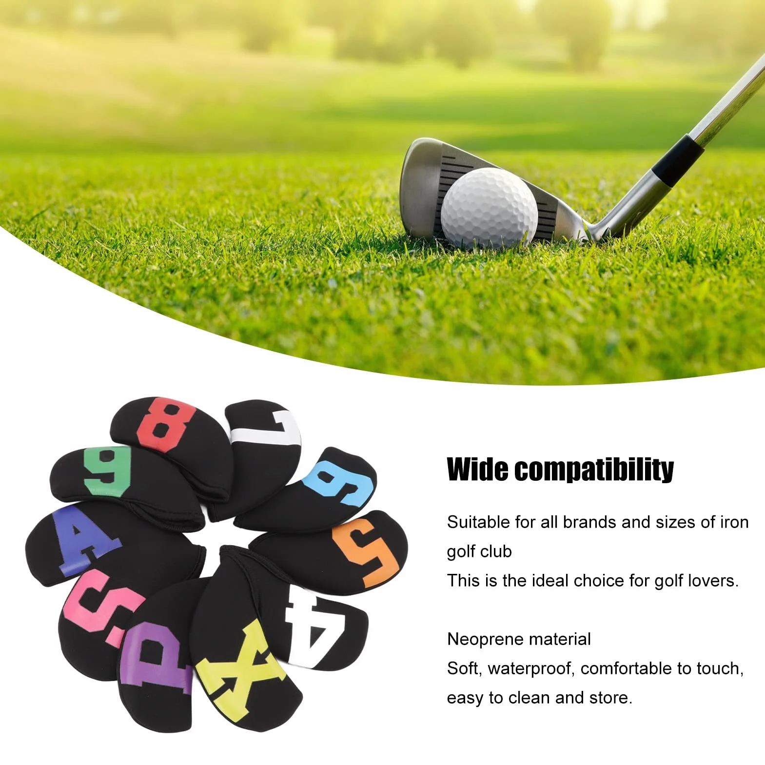 Fundas Premium para Cabezas de Hierro de Golf, Neopreno Impermeable, con Numeración de Colores, 10 Uds. (Negro)
