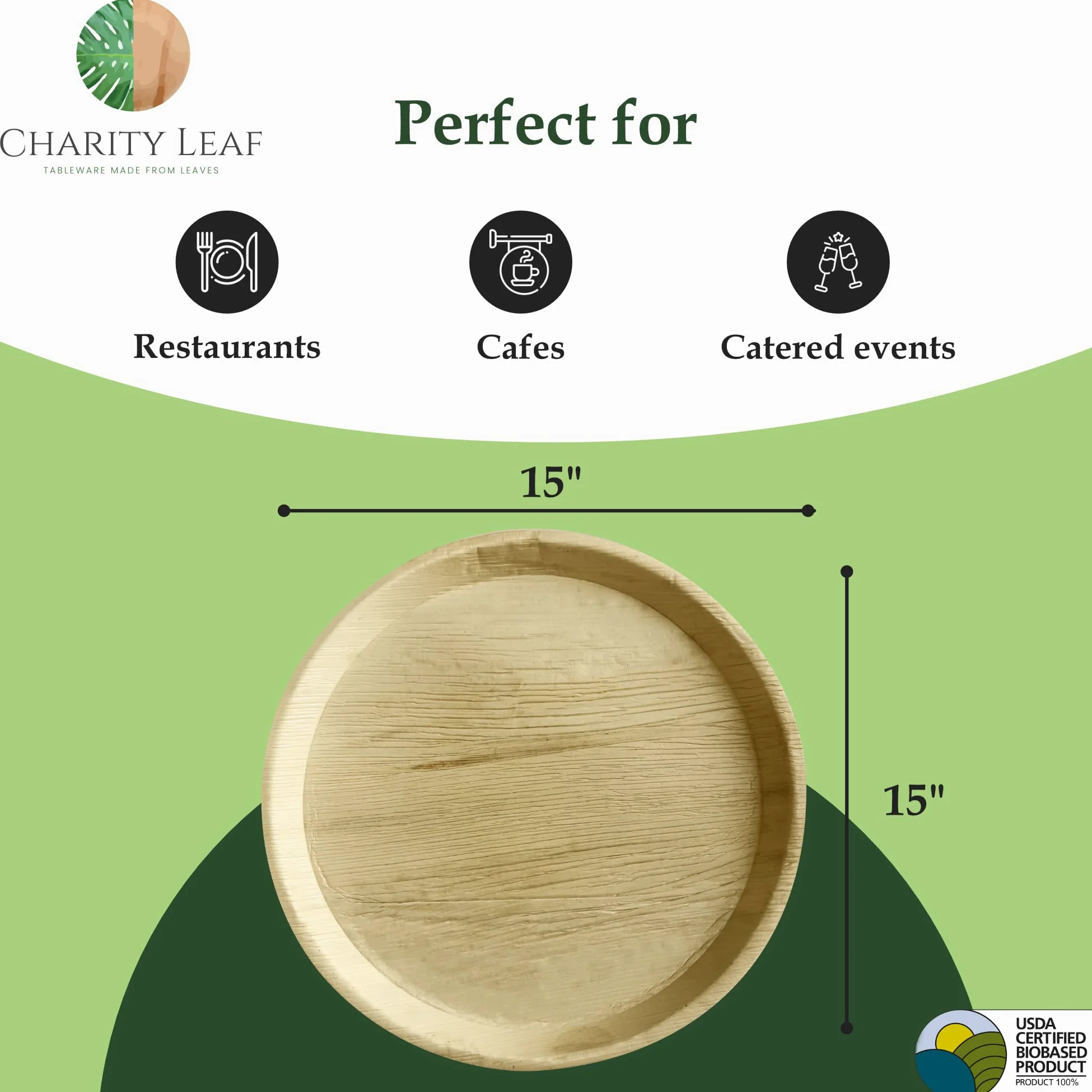 Bandejas redondas desechables de hoja de palma de 15 pulgadas (25 piezas) de bambú, tablas desechables, vajilla ecológica para bodas, catering, eventos