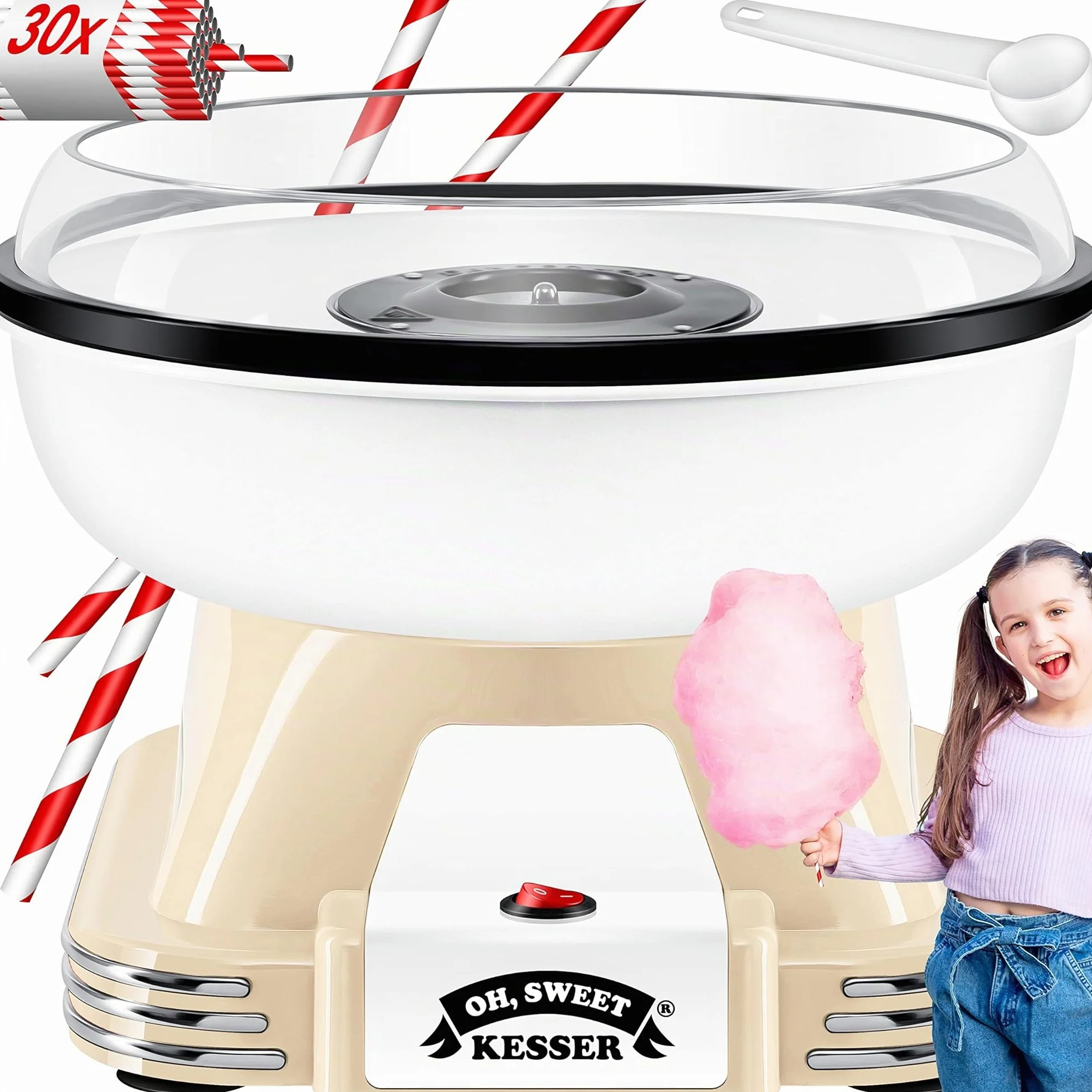 KESSER® Juego de máquina de algodón de azúcar para tu hogar – con 30 Varillas de algodón de azúcar y cucharas medidoras – Máquina de algodón Retro – Máquina de algodón de azúcar con Accesorios